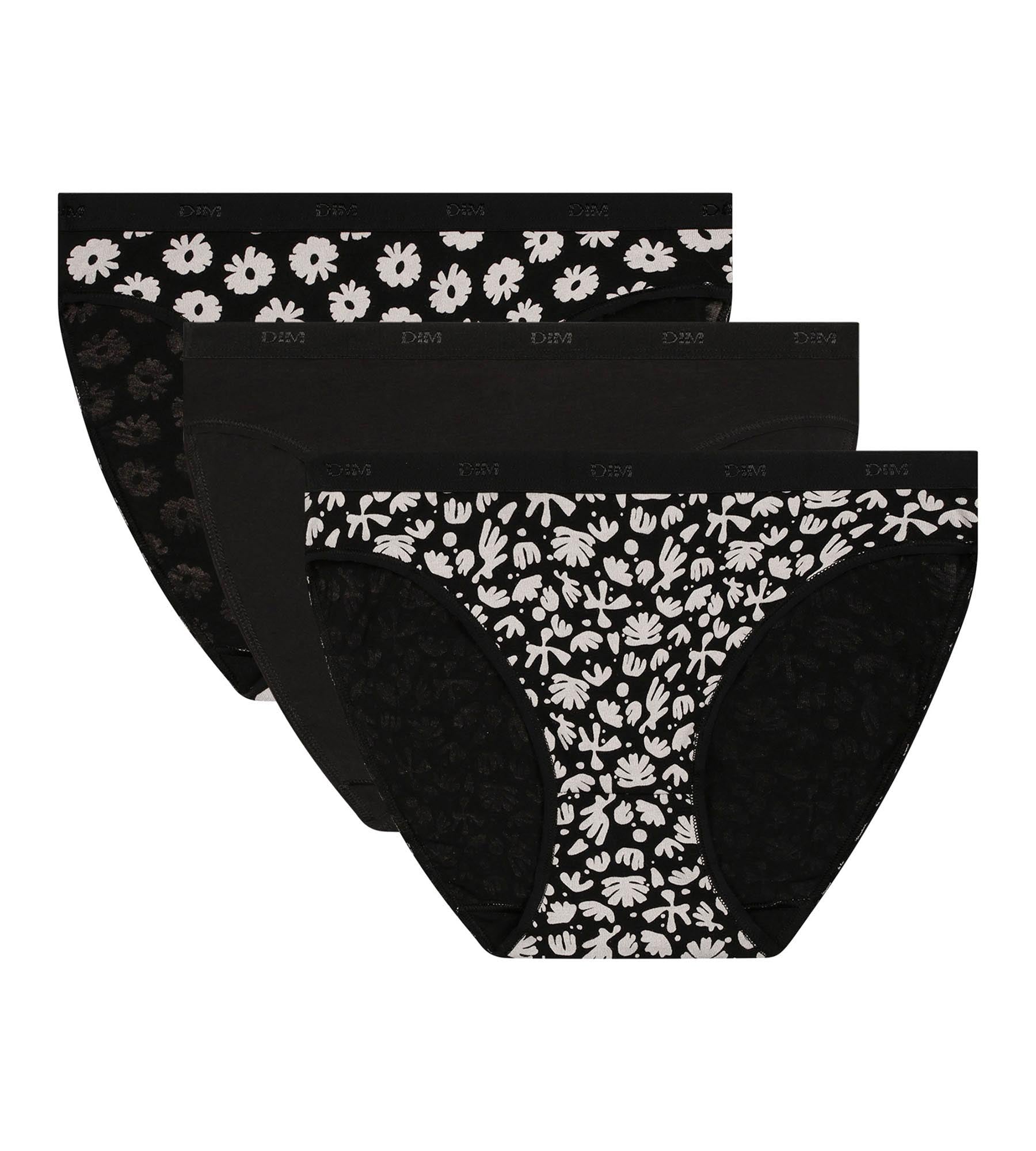 DIM Pack of 3 black stretch cotton briefs with flowers Les Pockets
