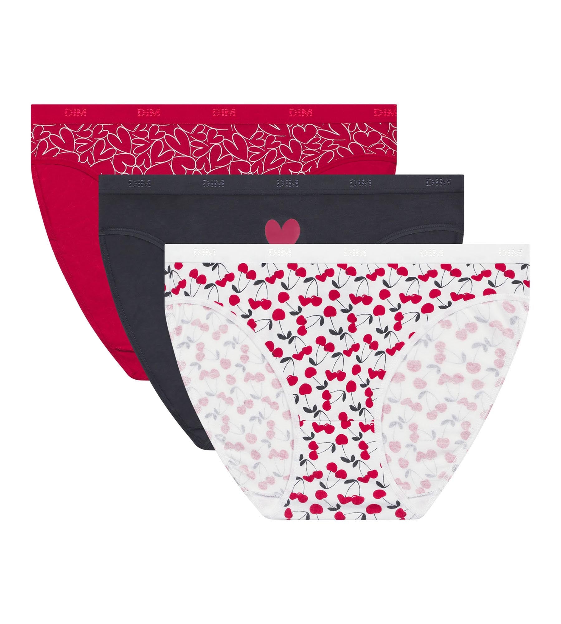 DIM Pack of 3 red stretch cotton briefs with hearts Les Pockets