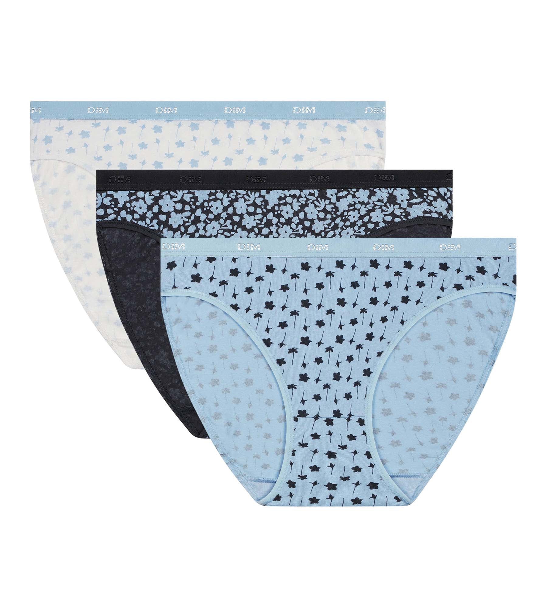 DIM Pack of 3 blue stretch cotton flower print briefs Les Pockets
