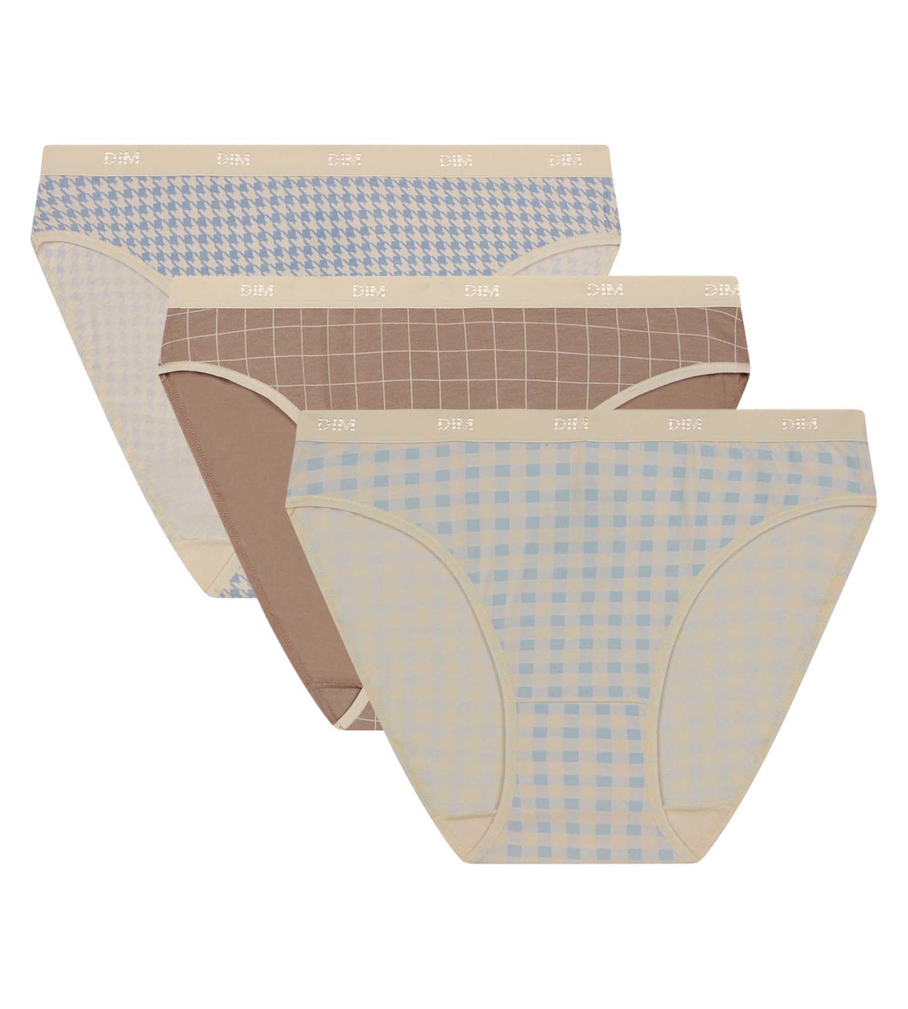 DIM Pack of 3 Women's Gingham Briefs Ecru Blue Beige Les Pockets