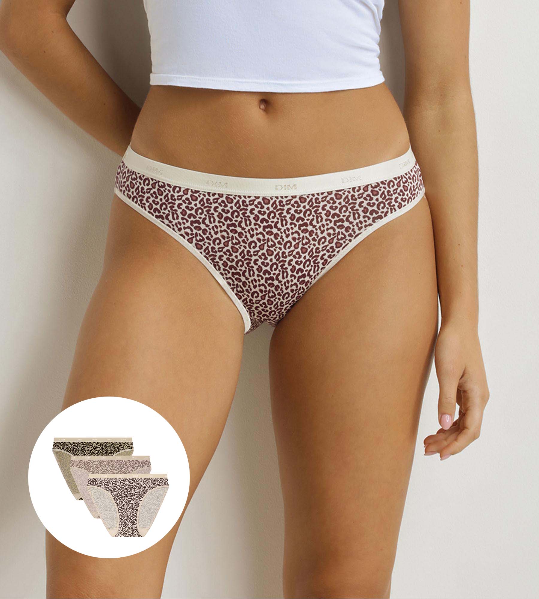 DIM Pack of 3 women's leopard print briefs Ecru Beige Les Pockets