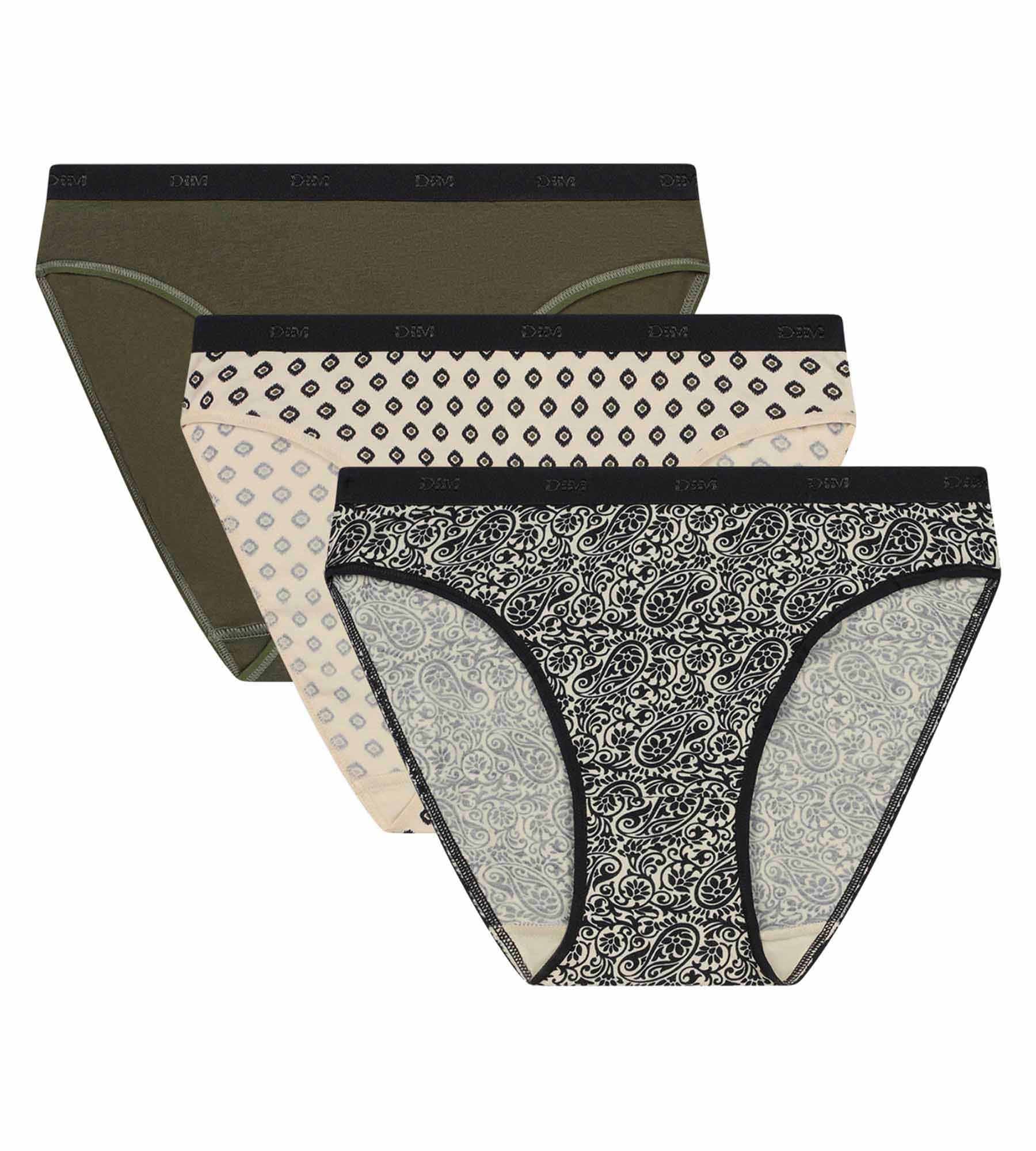 DIM Pack of 3 Women's Khaki Ethnic Briefs Black Les Pockets