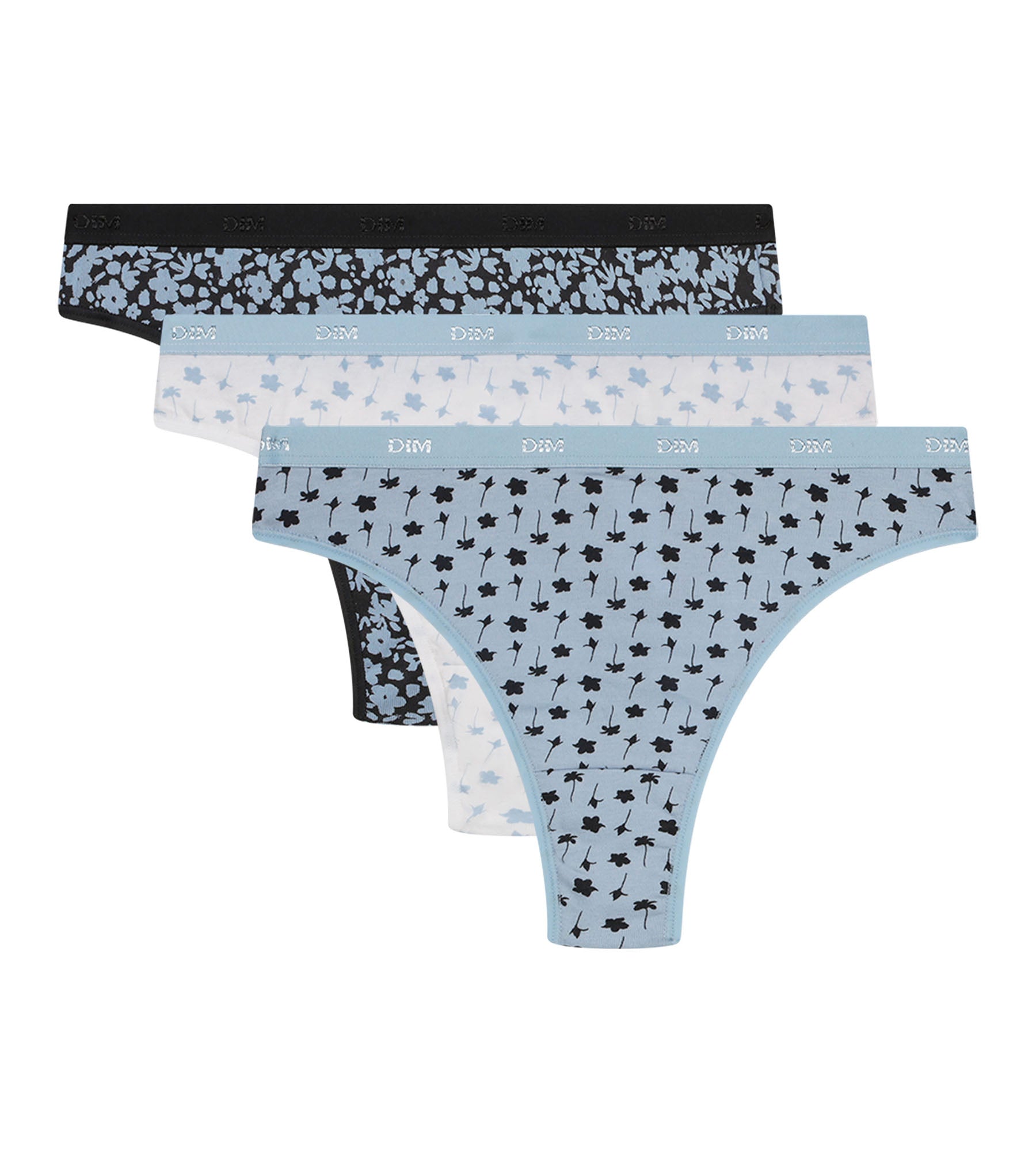 DIM Pack of 3 stretch cotton thongs for women, blue-grey with flowers Les Pockets