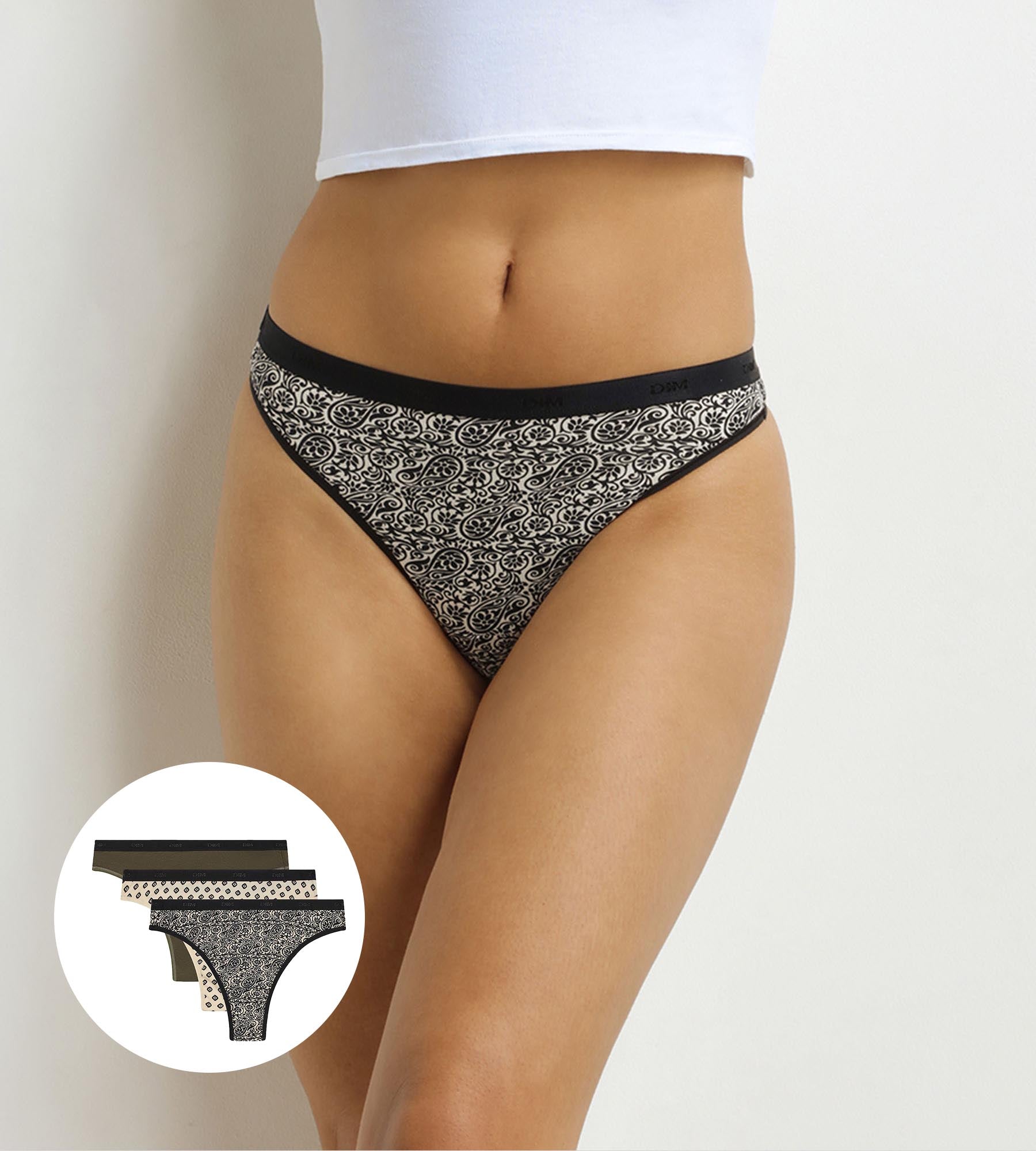 DIM Pack of 3 Women's Ethnic Khaki Pattern G-strings Black Les Pockets