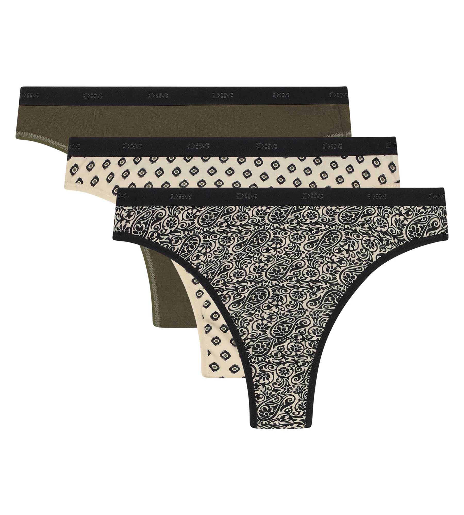 DIM Pack of 3 Women's Ethnic Khaki Pattern G-strings Black Les Pockets