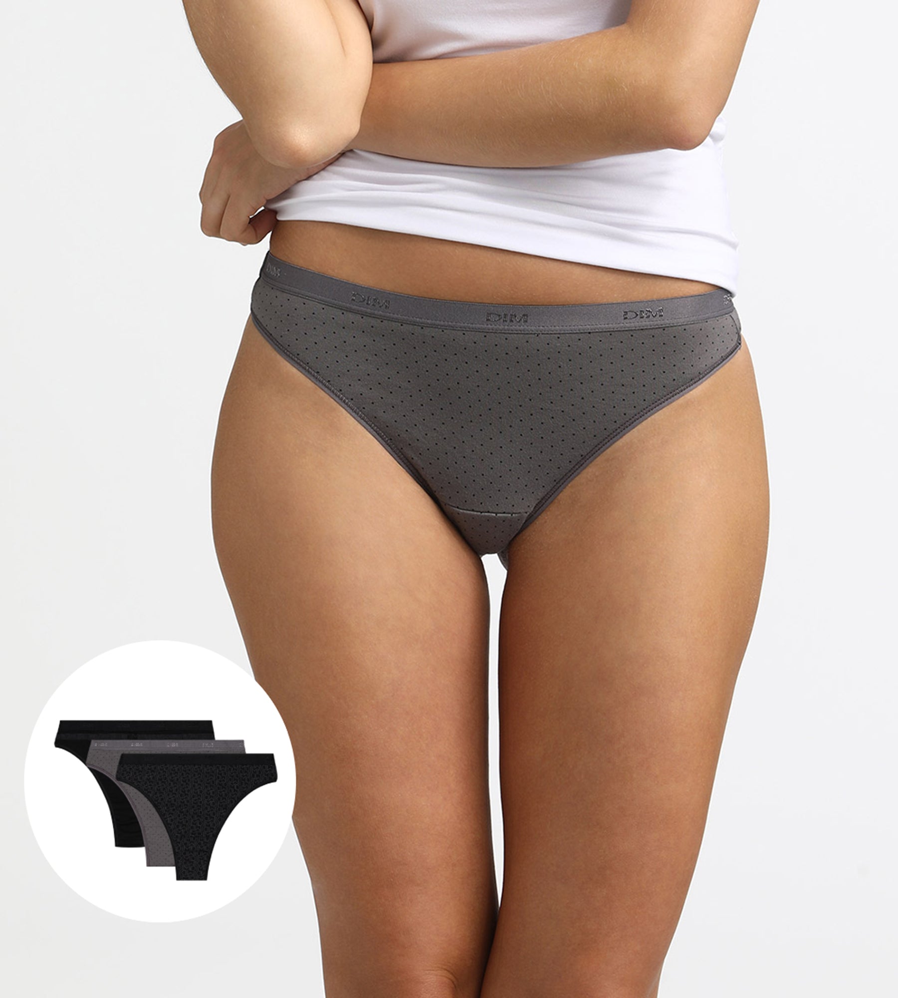 DIM Pack of 3 black and grey Les Pockets Stretch Cotton thongs