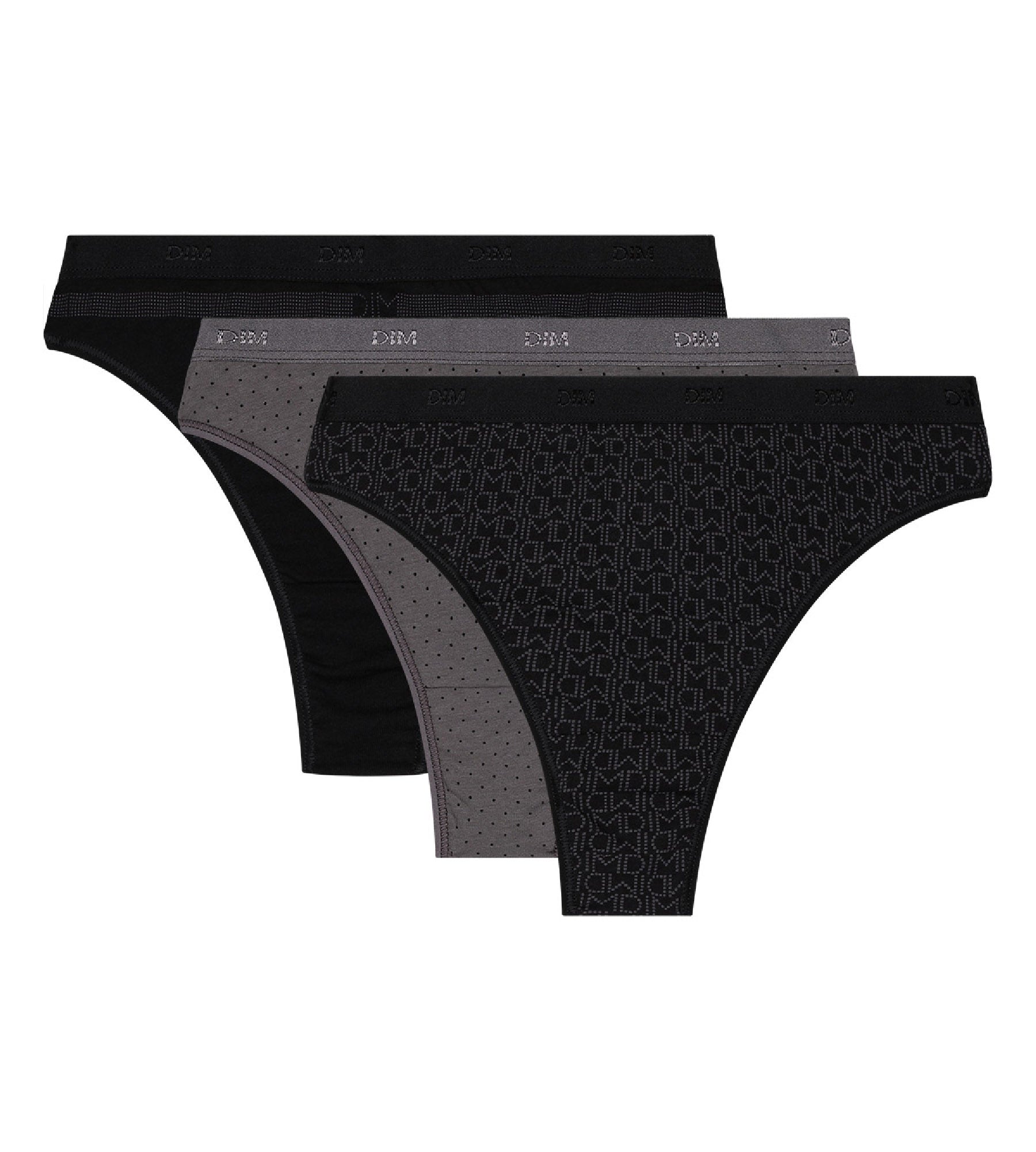 DIM Pack of 3 black and grey Les Pockets Stretch Cotton thongs