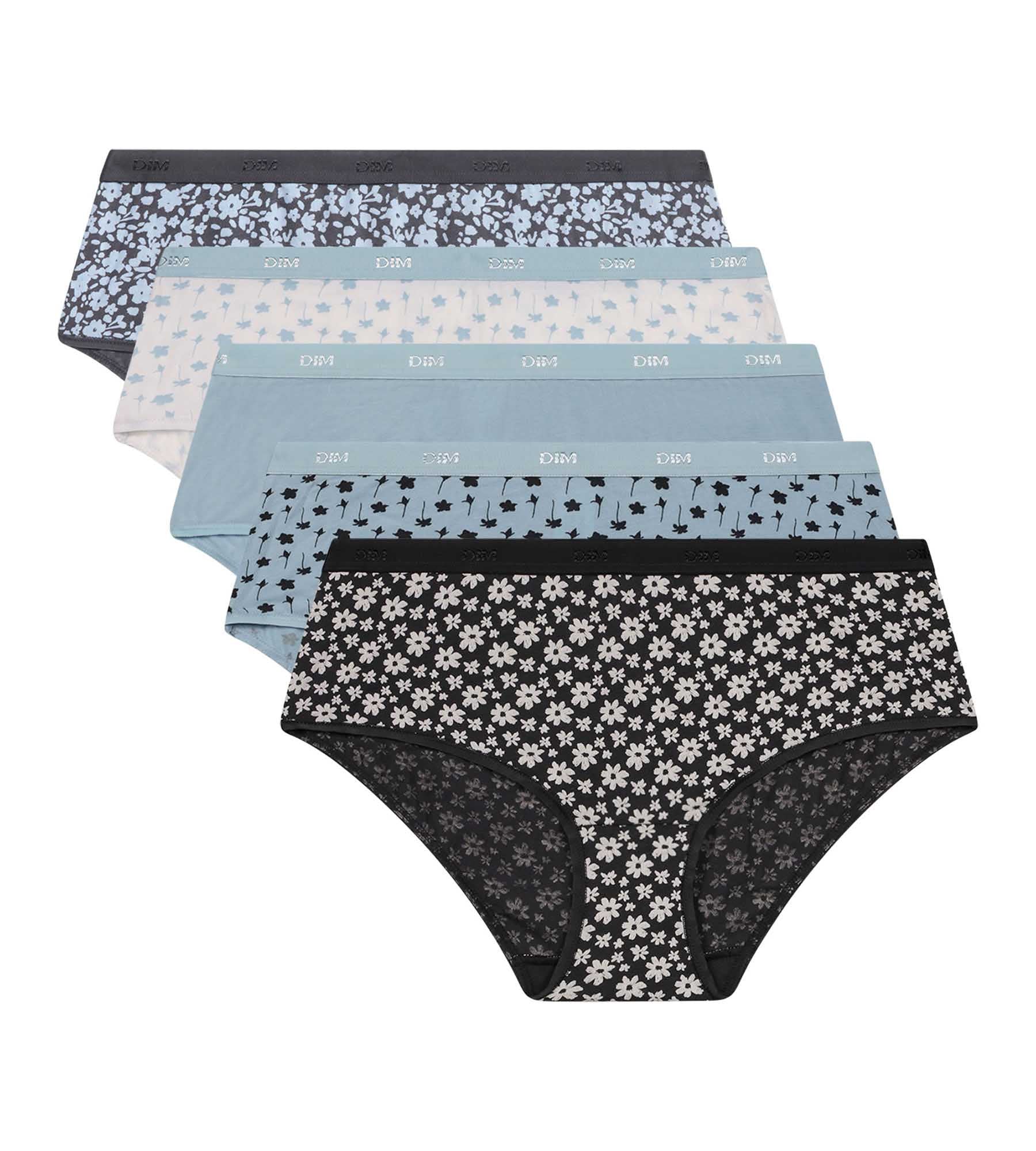 DIM Pack of 5 women's stretch cotton shorties Blue Grey with flowers Les Pockets
