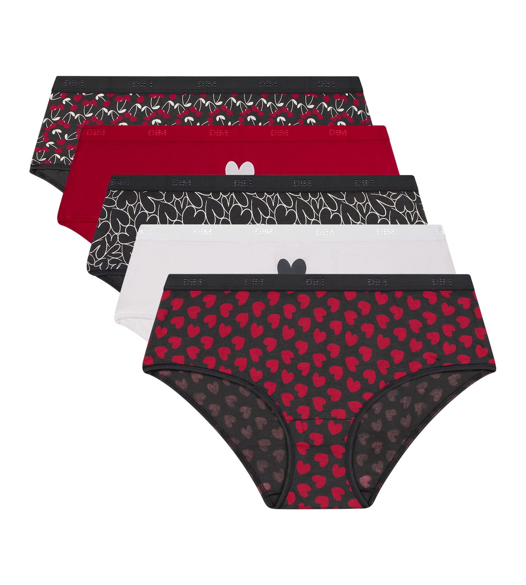 DIM Pack of 5 red cotton stretch shorties with hearts Les Pockets