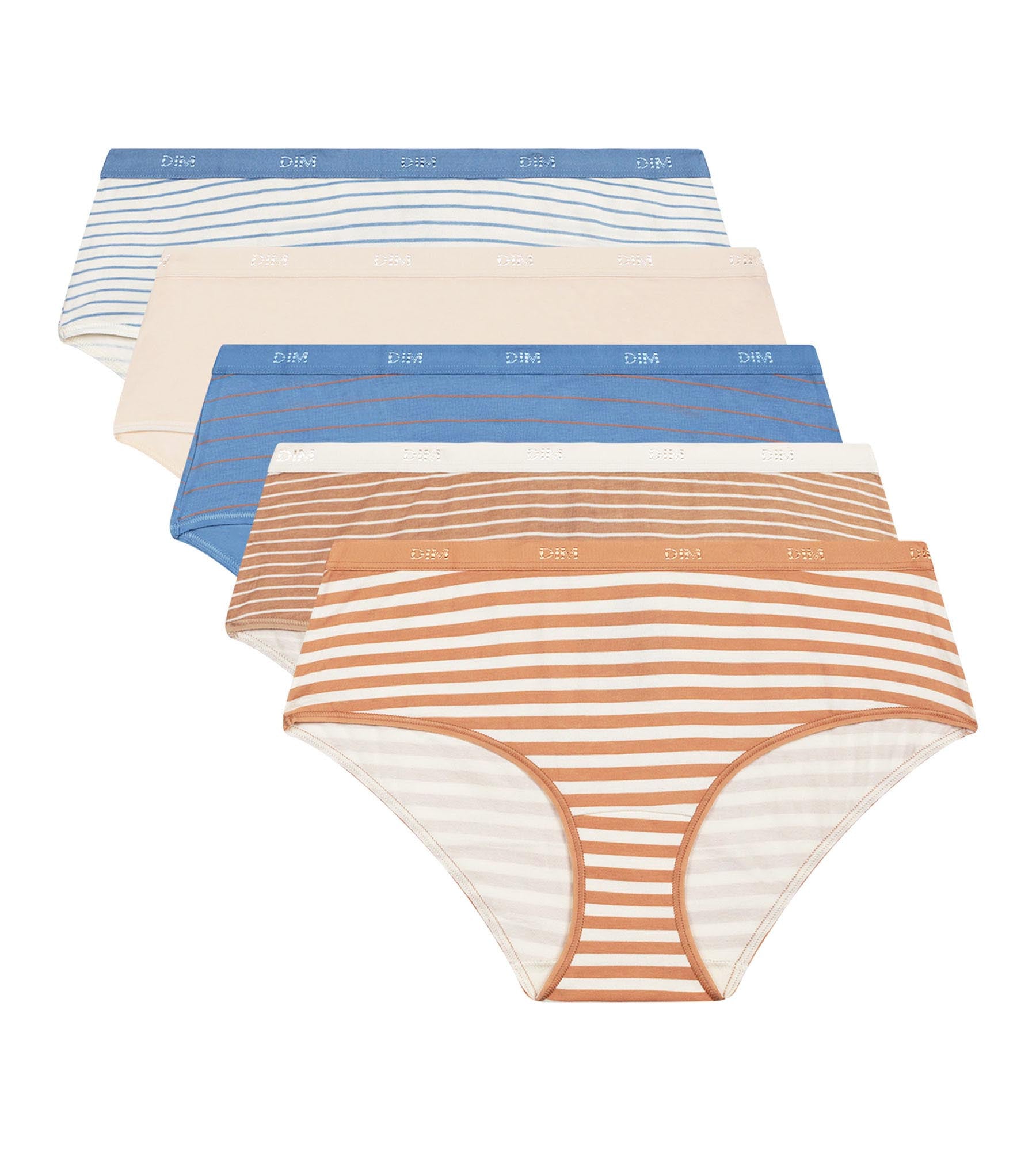 DIM Pack of 5 women's stretch cotton shorties Beige Blue with stripes Les Pockets