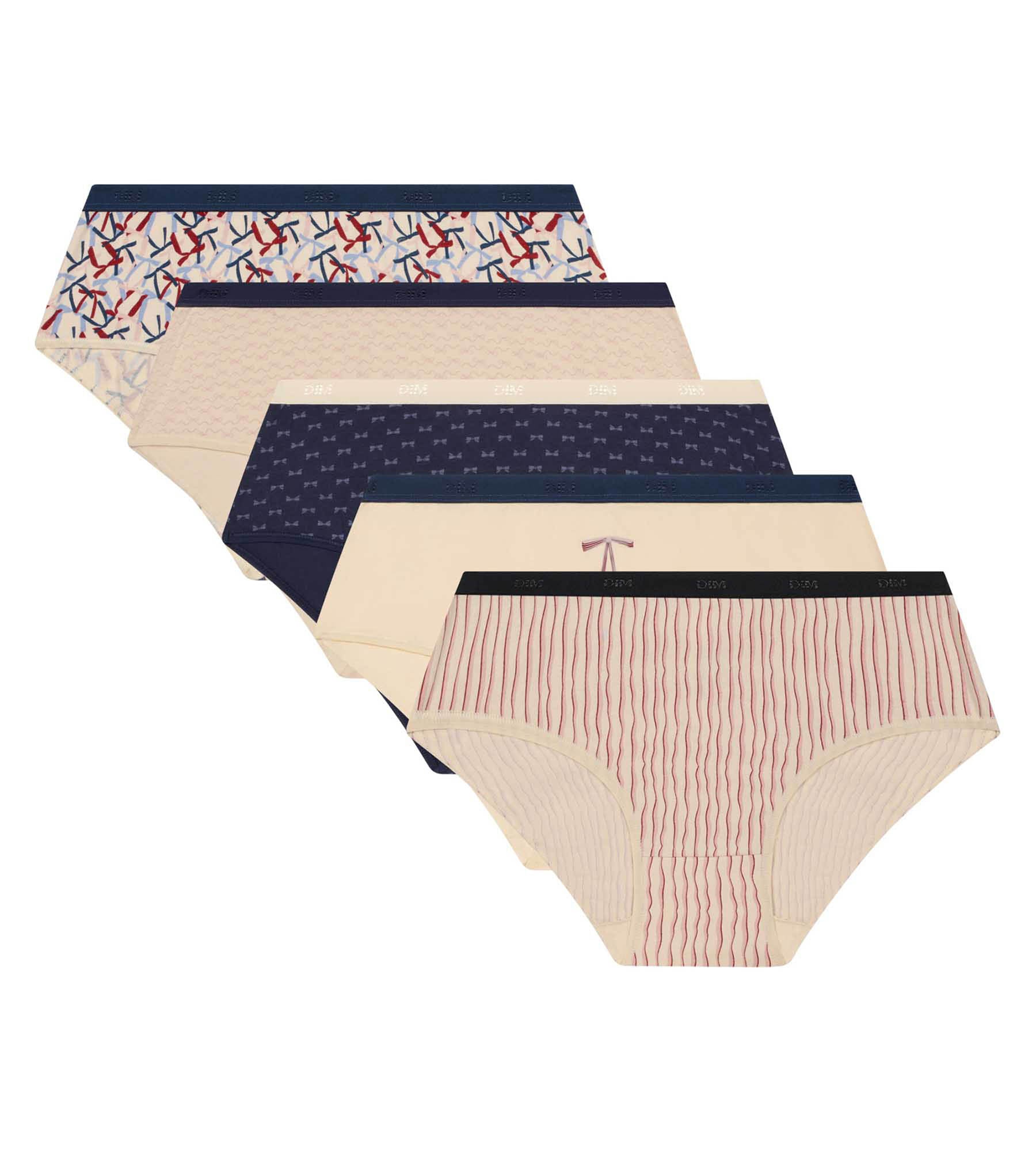 DIM Pack of 5 Women's Boxer Briefs with Red Blue Ribbons Les Pockets