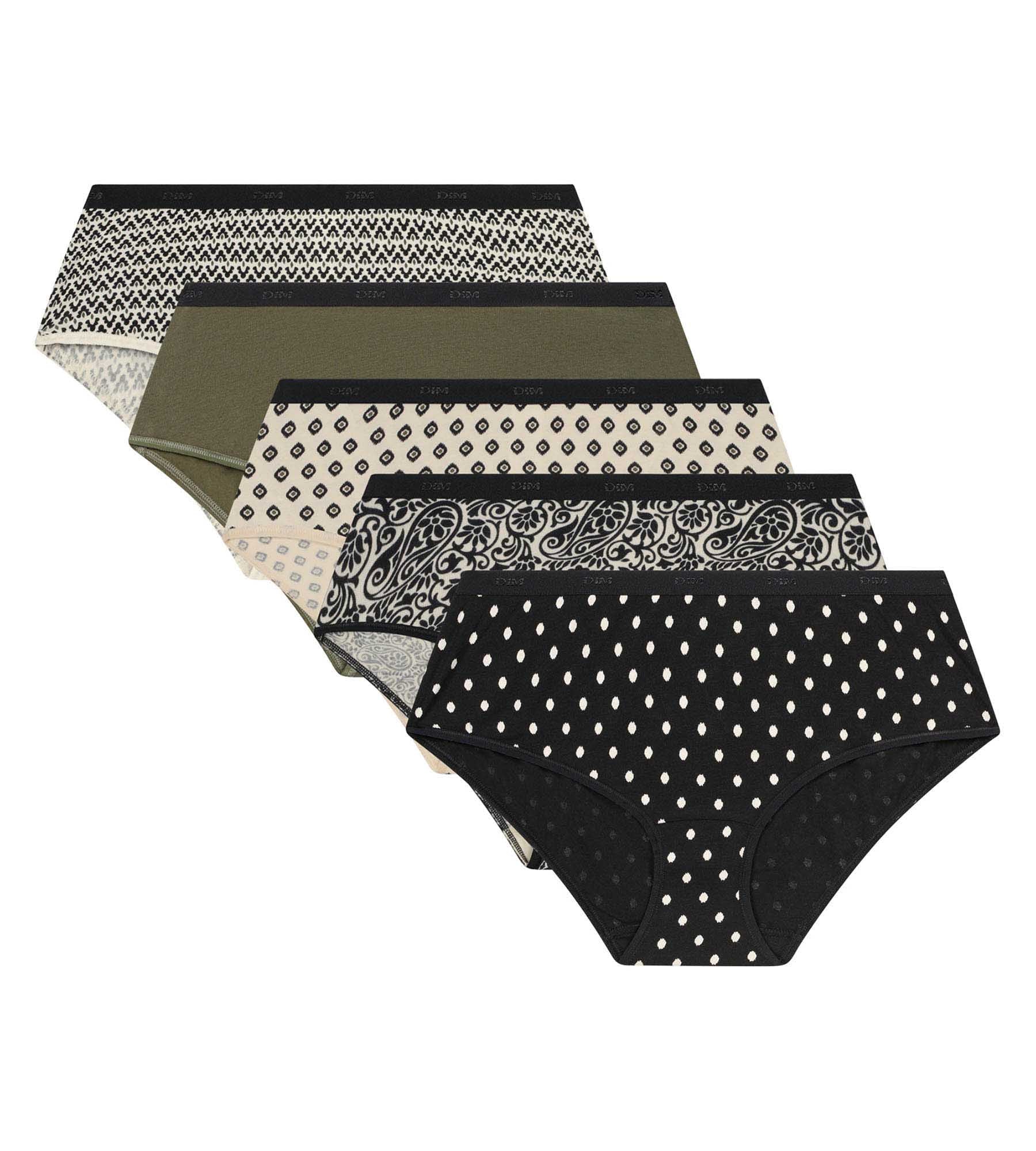 DIM Pack of 5 black khaki ethnic pattern boxer shorts for women Les Pockets