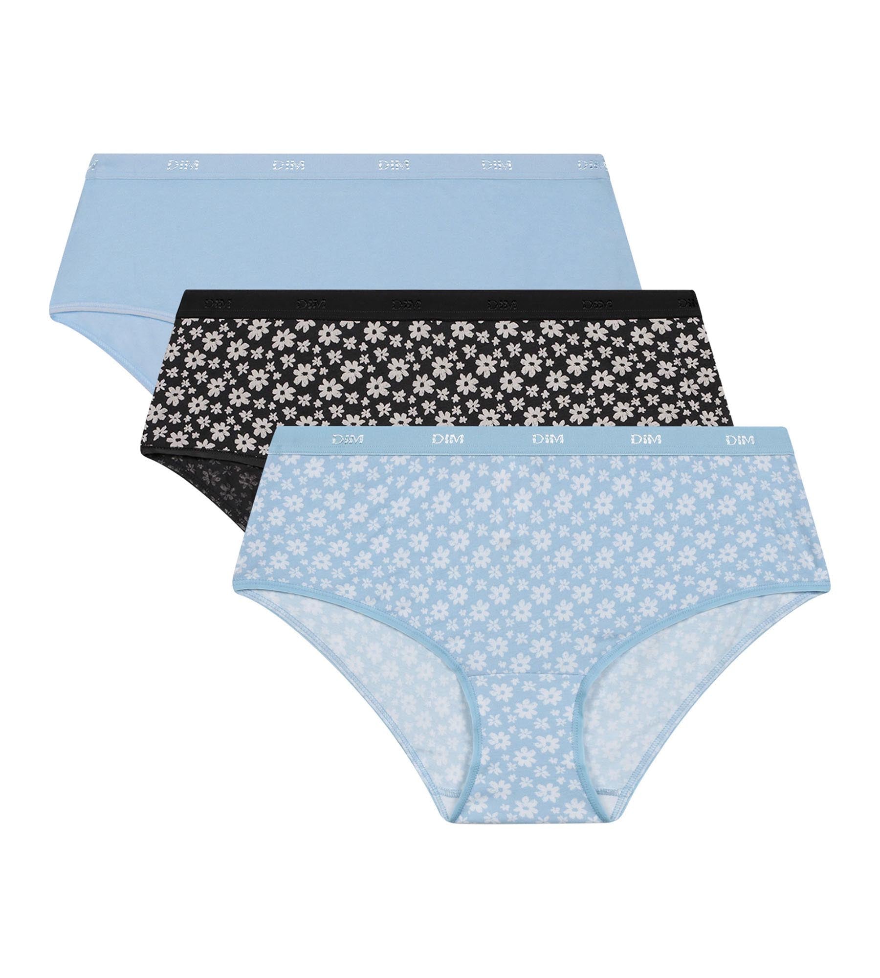 DIM Pack of 3 women's stretch cotton shorties Grey Blue with flowers Les Pockets