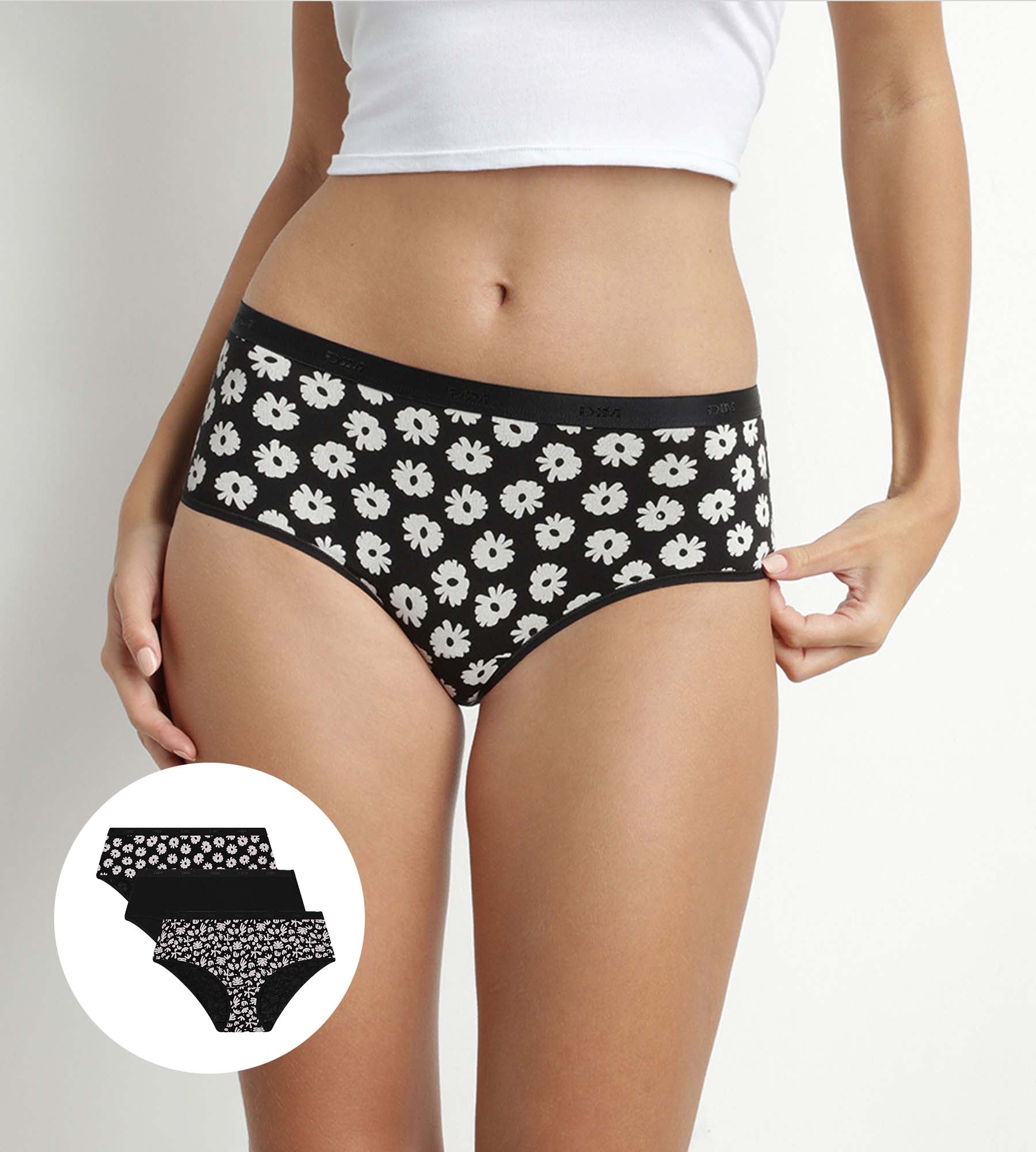 DIM Pack of 3 women's stretch cotton shorties Black Beige with flowers Les Pockets