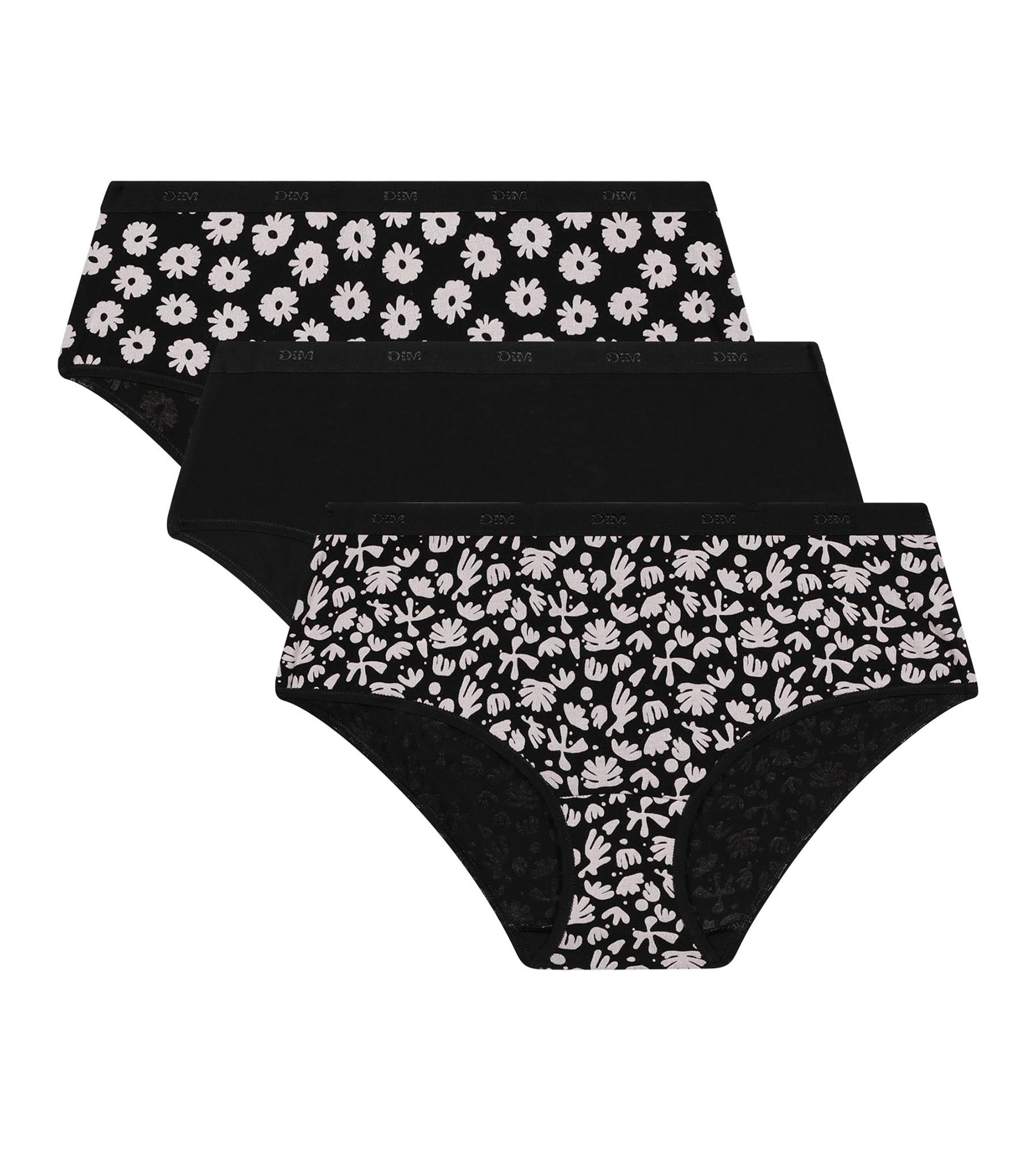 DIM Pack of 3 women's stretch cotton shorties Black Beige with flowers Les Pockets