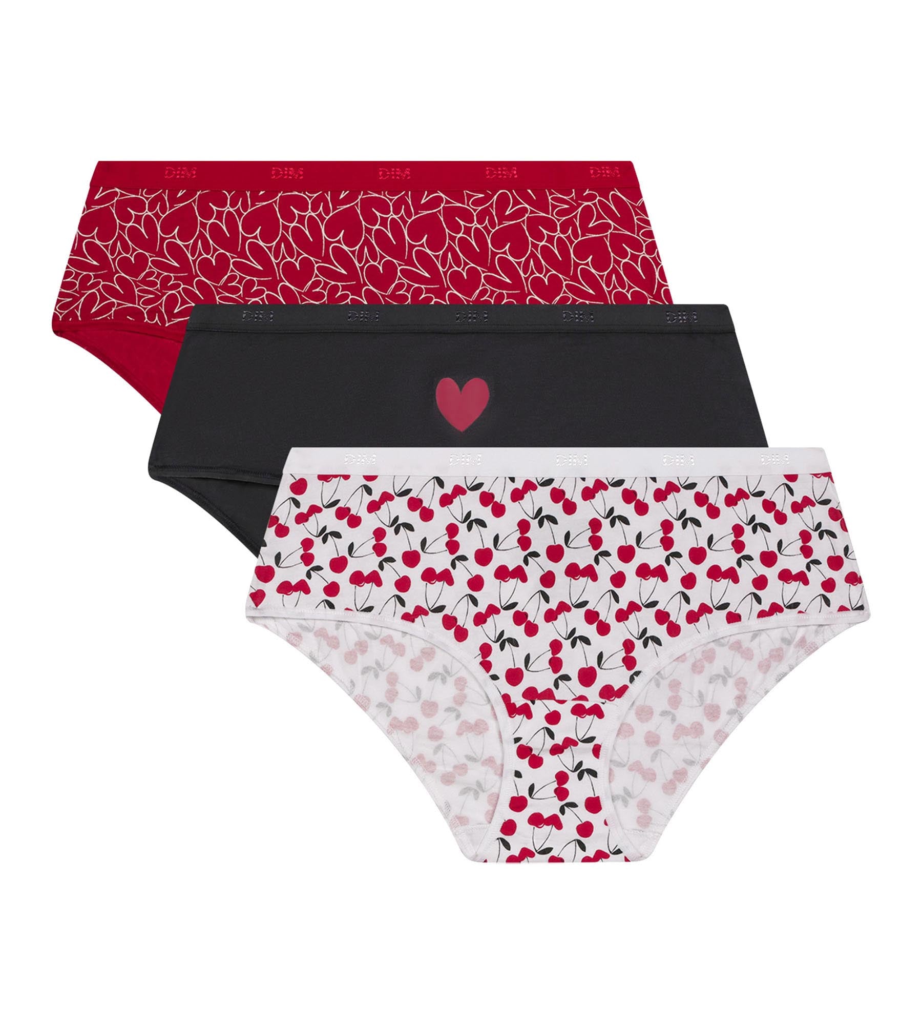 DIM Pack of 3 red stretch cotton shorties with heart pattern Les Pockets