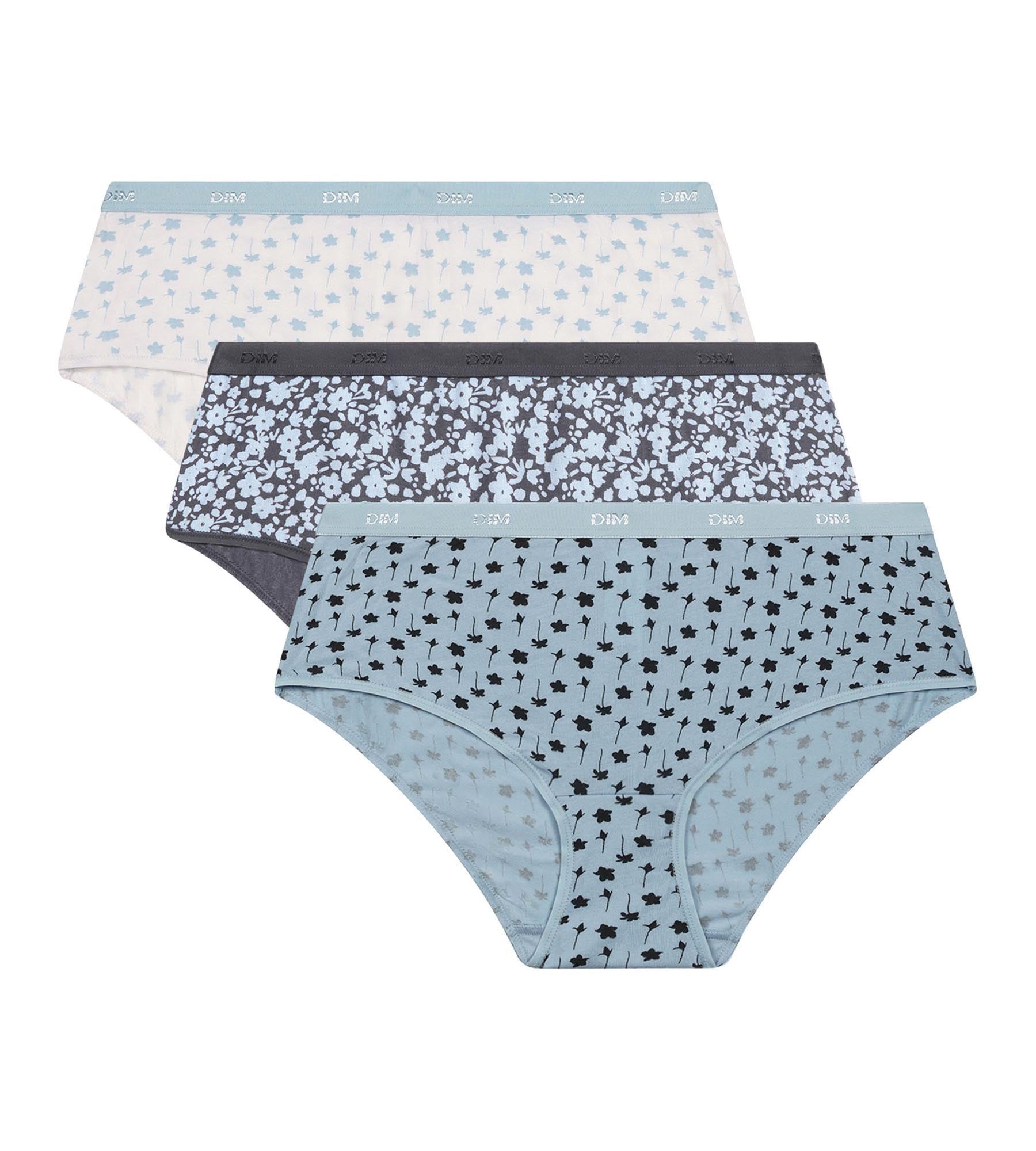 DIM Pack of 3 women's blue stretch cotton shorties with flowers Les Pockets