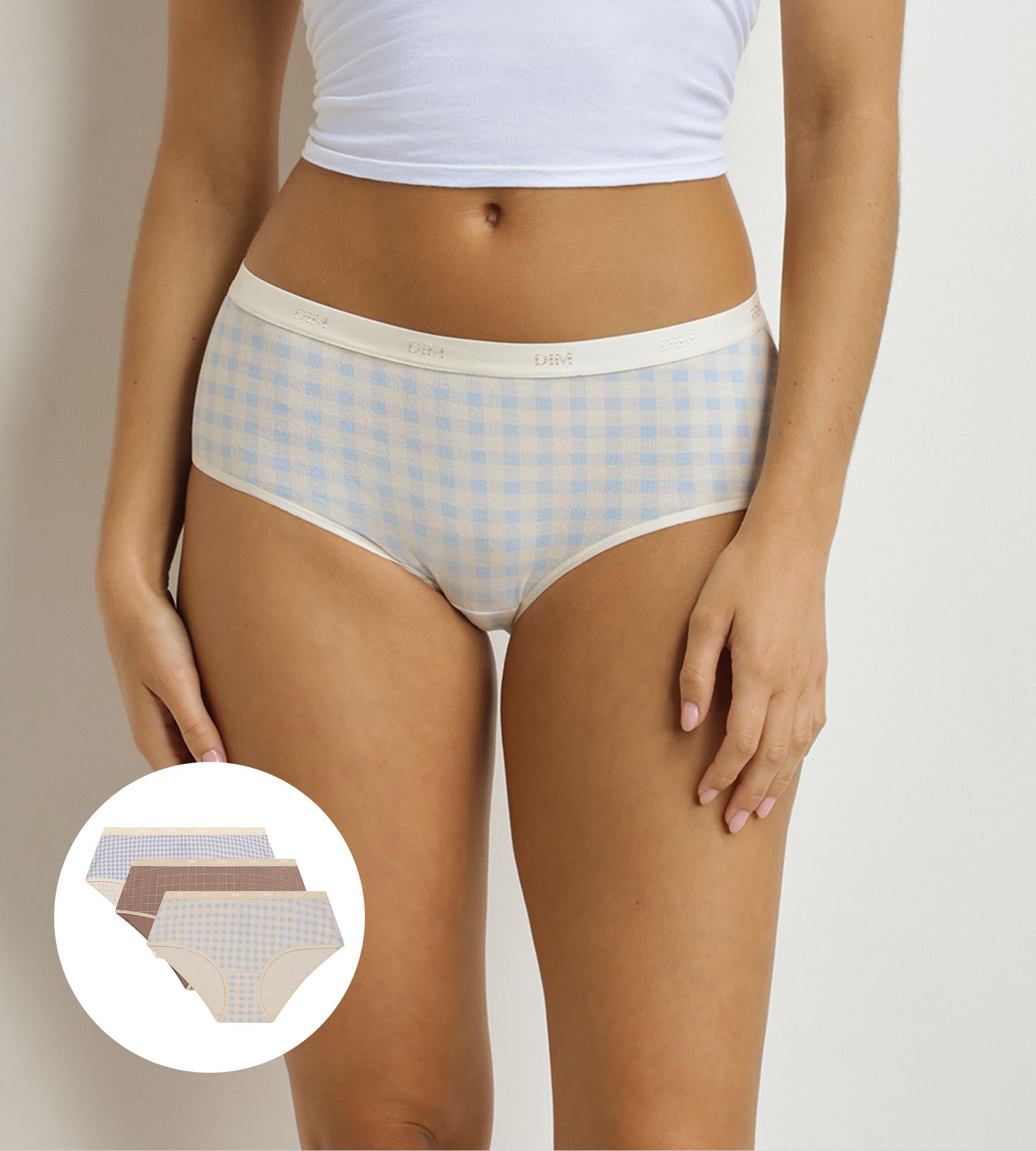 DIM Pack of 3 women's gingham pattern boxer shorts Blue Beige Les Pockets