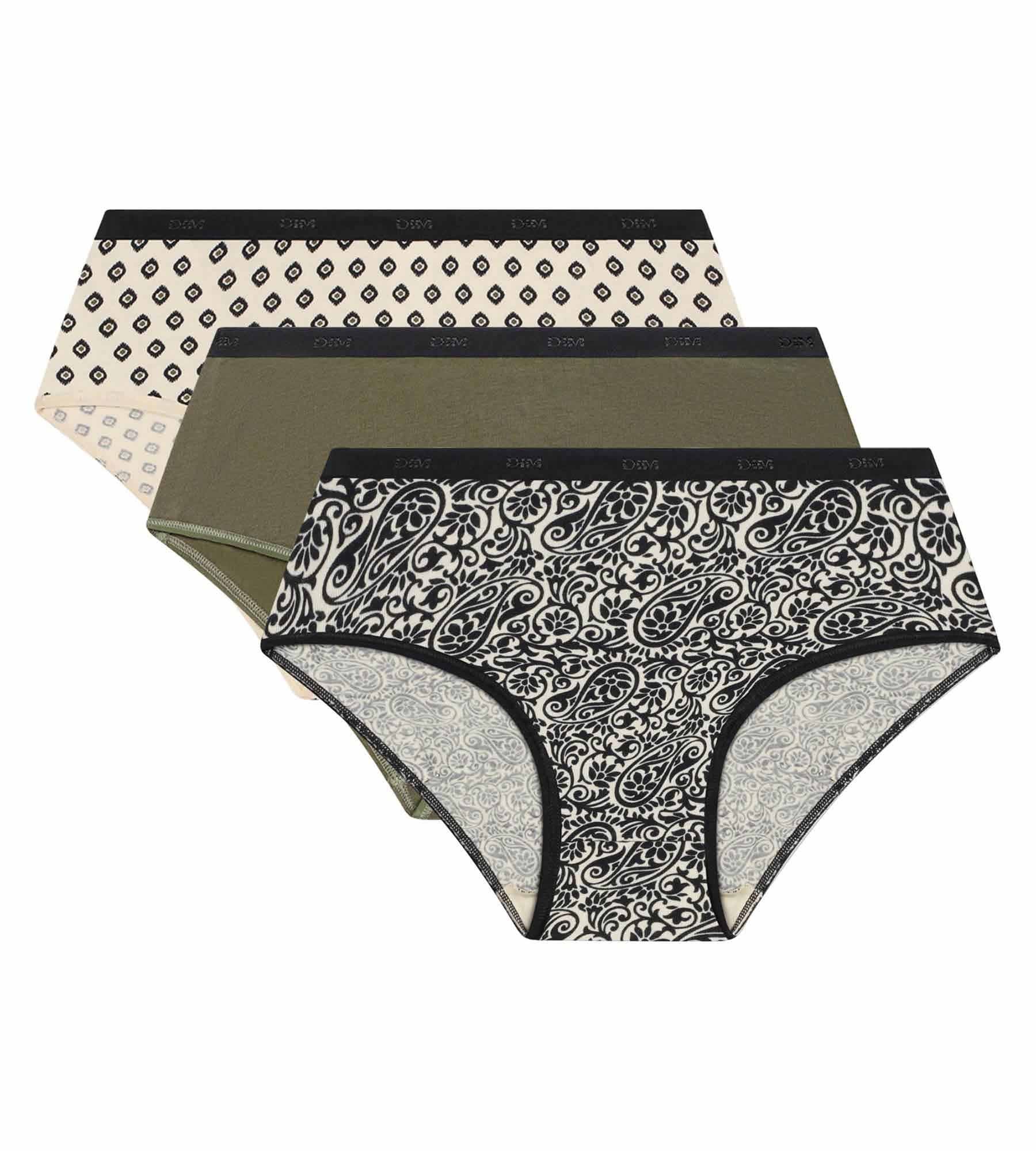 DIM Pack of 3 women's ethnic pattern boxer shorts, Khaki, Black Les Pockets