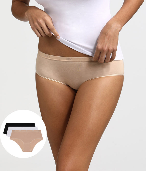 DIM Pack of 3 pairs of Les Pockets Coton boyshorts in white/nude/black