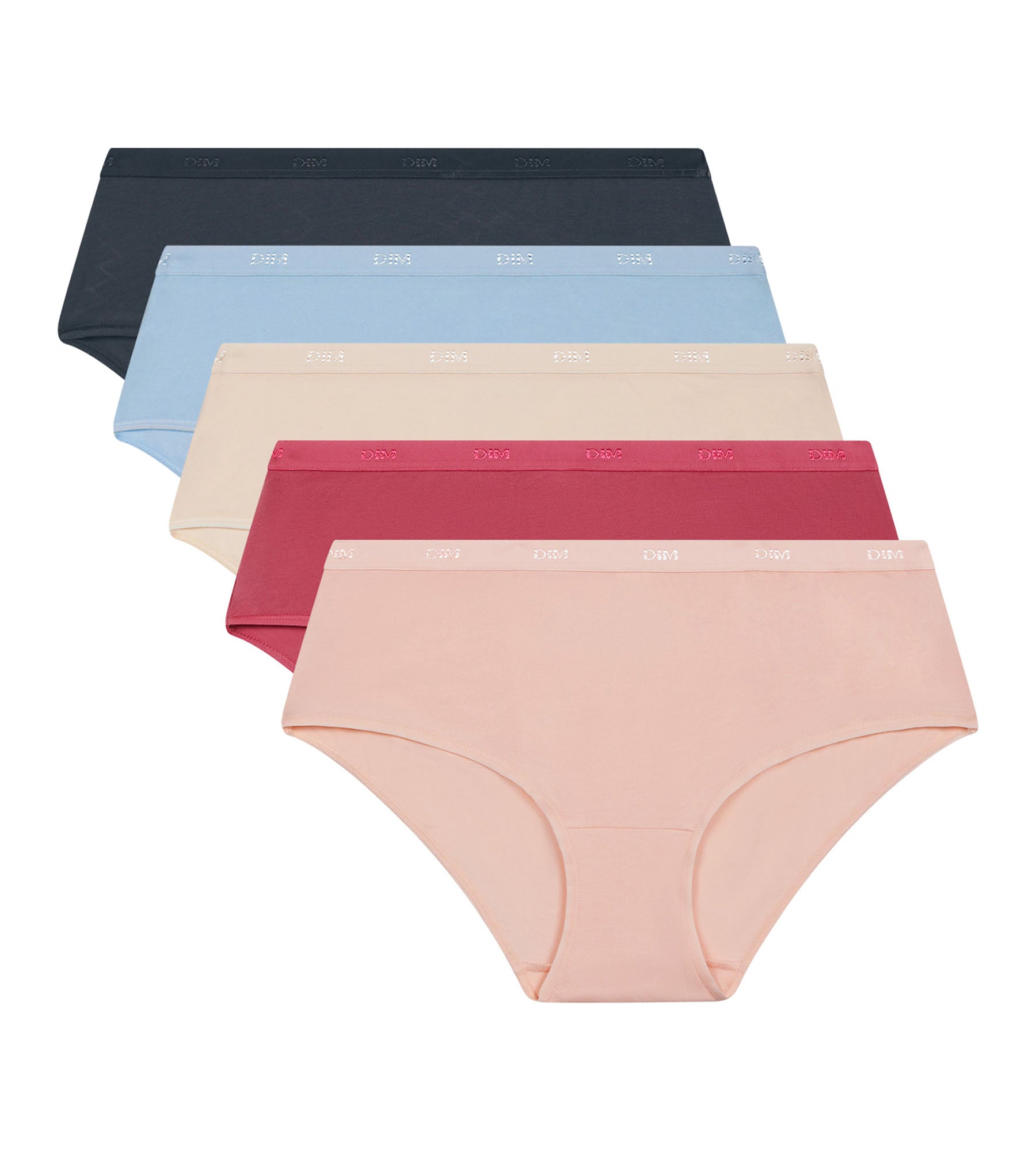 DIM Pack of 5 women's stretch cotton boxers Blue Beige Pink Les Pockets Ecodim