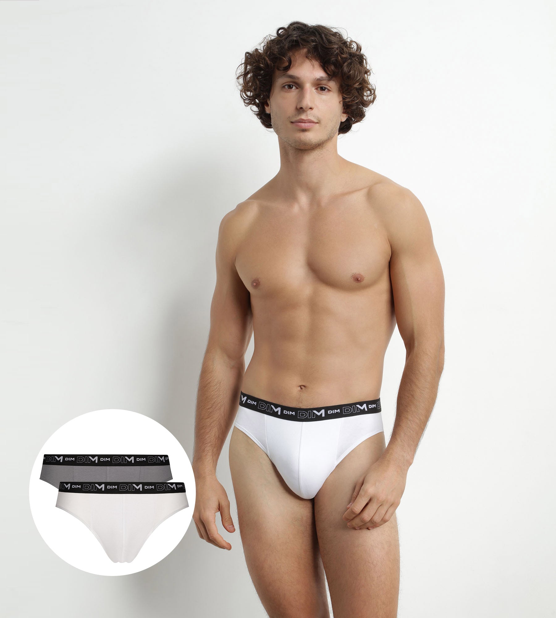DIM Pack of 2 Men's White Grey Contrast Waistband Dim Cotton Stretch Briefs