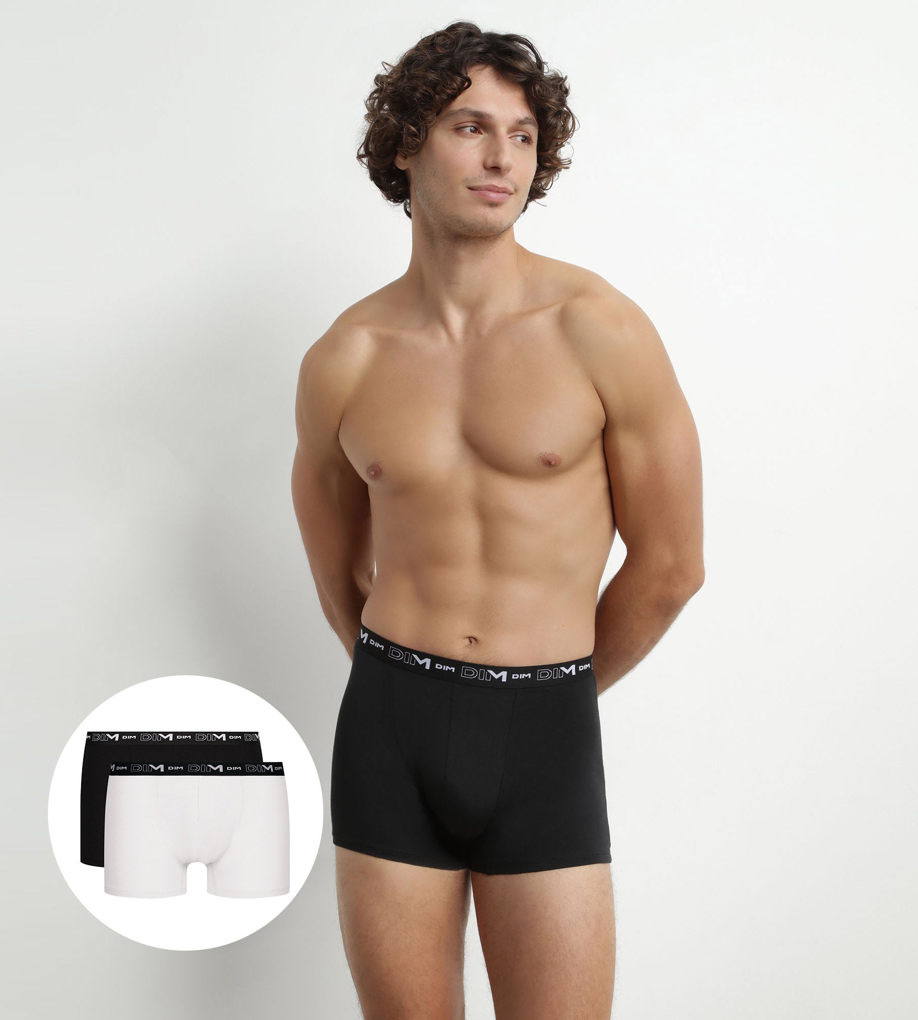 DIM Pack of 2 Men's Boxers Black White Contrast Waistband Dim Cotton Stretch