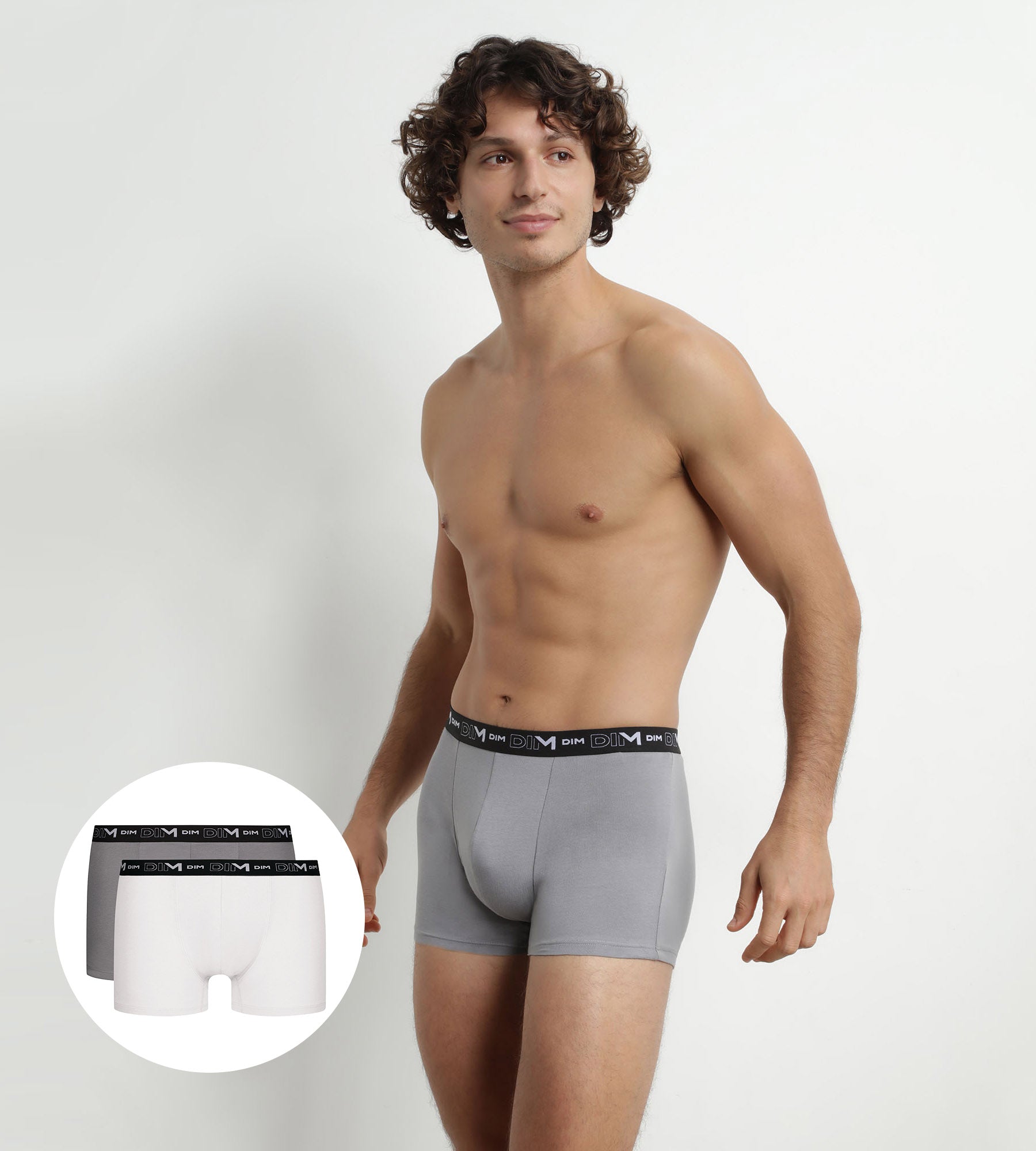 DIM Pack of 2 Men's Boxers White Grey Contrast Waistband Dim Cotton Stretch