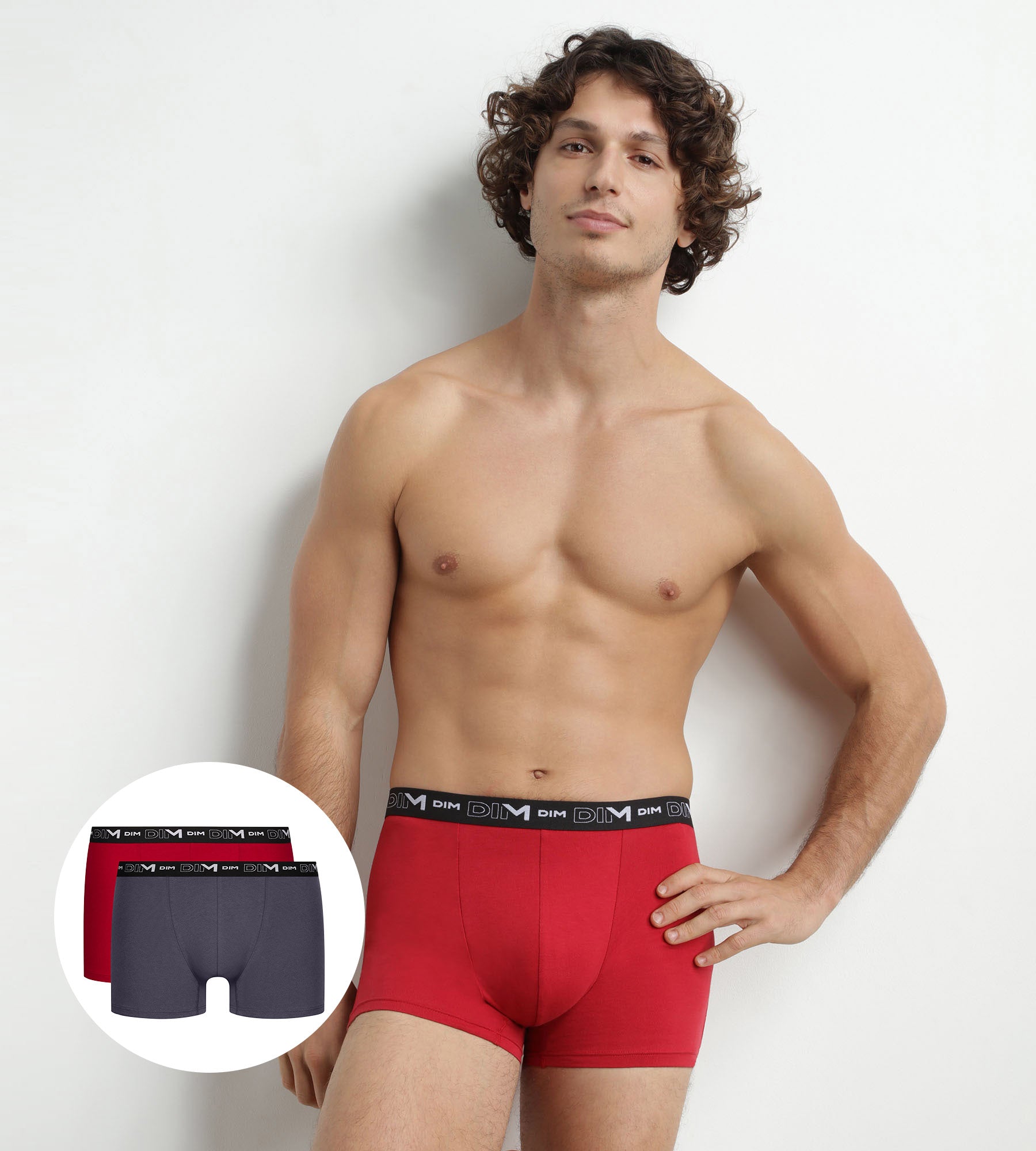 DIM Pack of 2 Men's Grey Red Boxers with Contrast Waistband Dim Cotton Stretch