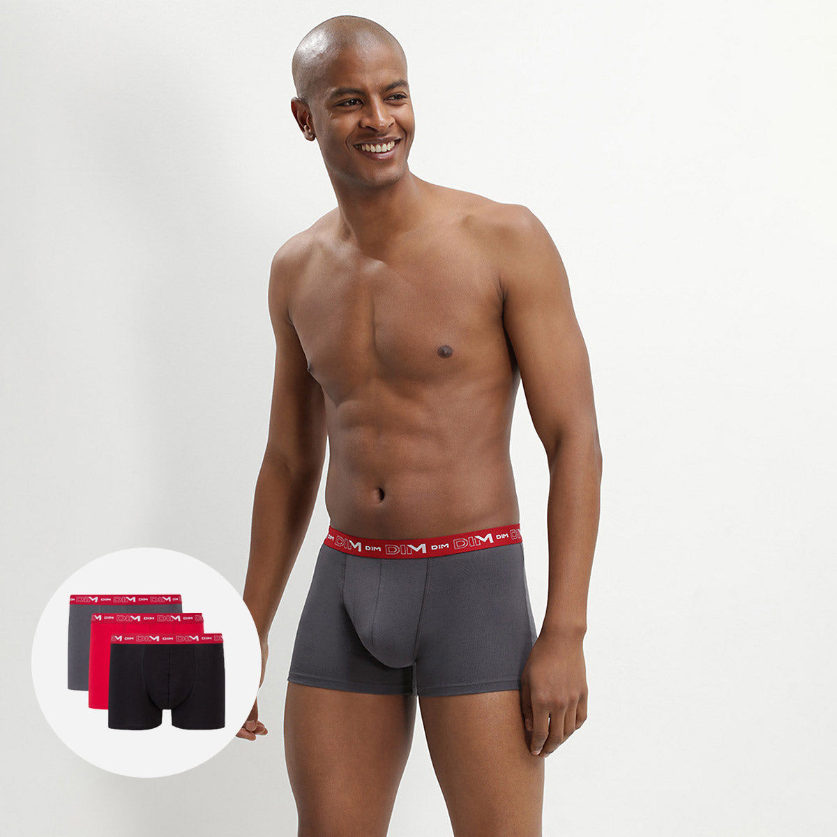 DIM Pack of 3 pairs of Coton Stretch grey, chilli red and black trunks