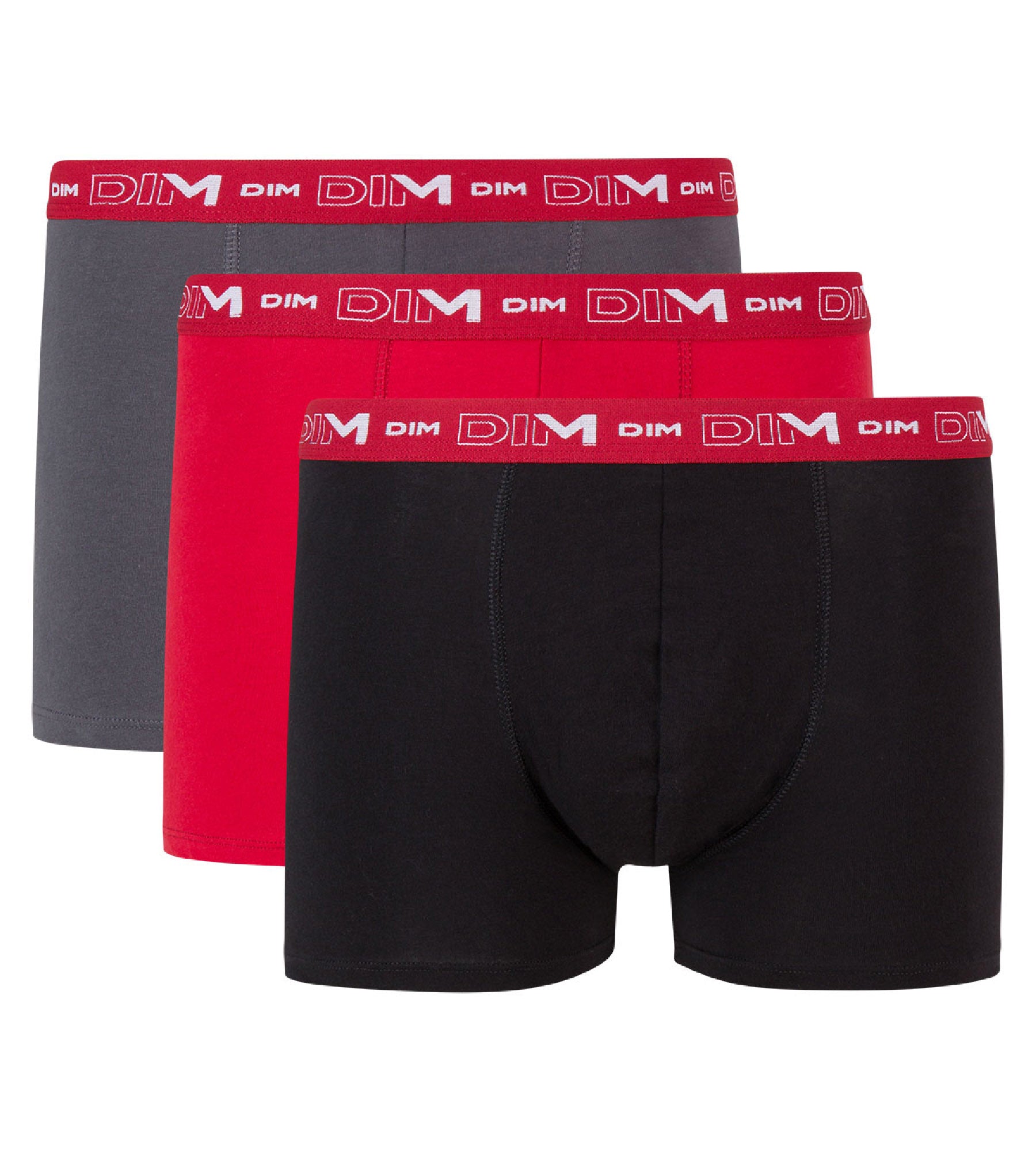 DIM Pack of 3 pairs of Coton Stretch grey, chilli red and black trunks