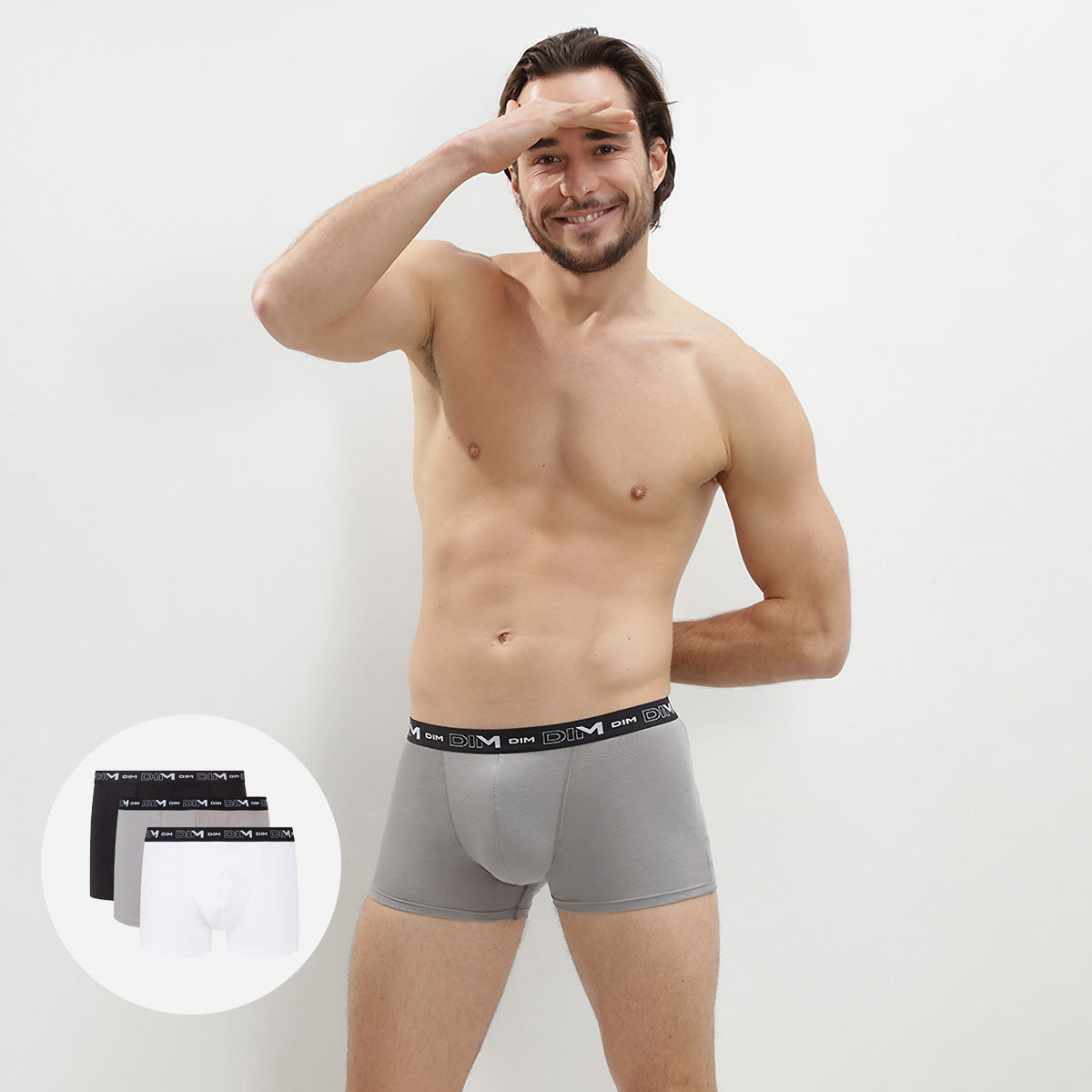 DIM Pack of 3 pairs of black, grey and white stretch cotton trunks for men