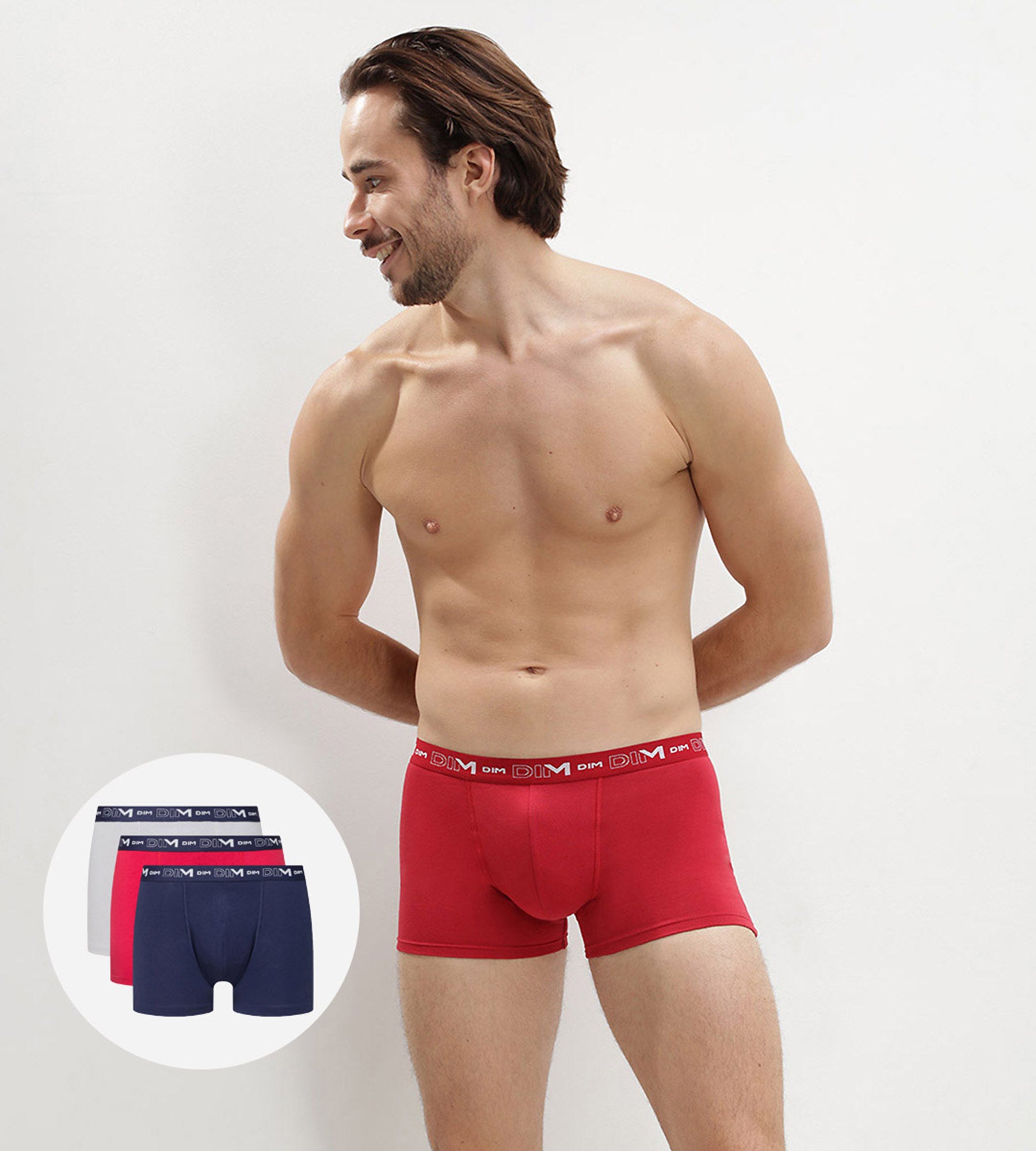 DIM Cotton Stretch pack of 3 men's trunks in denim blue topaz red and steel grey