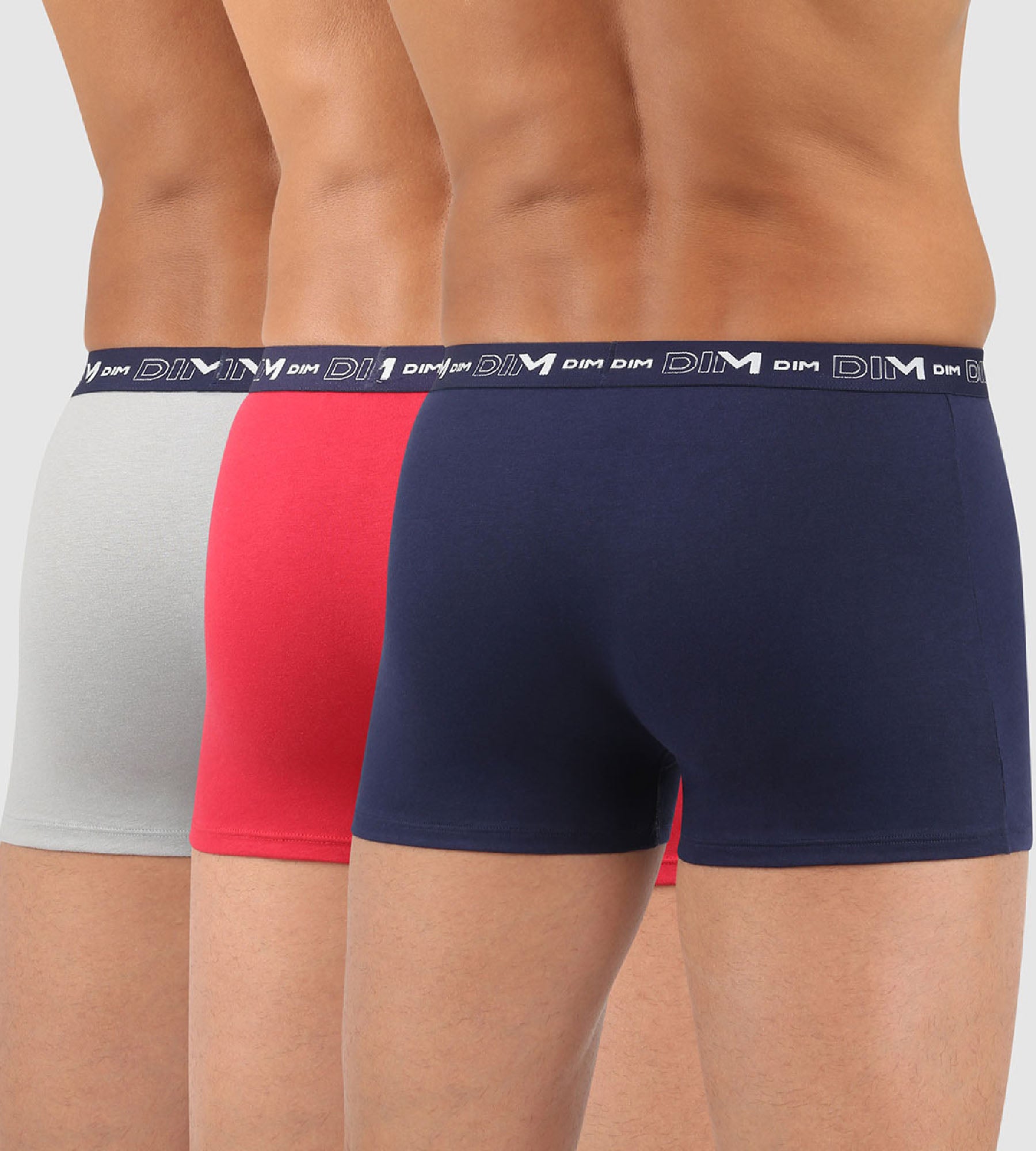 DIM Cotton Stretch pack of 3 men's trunks in denim blue topaz red and steel grey