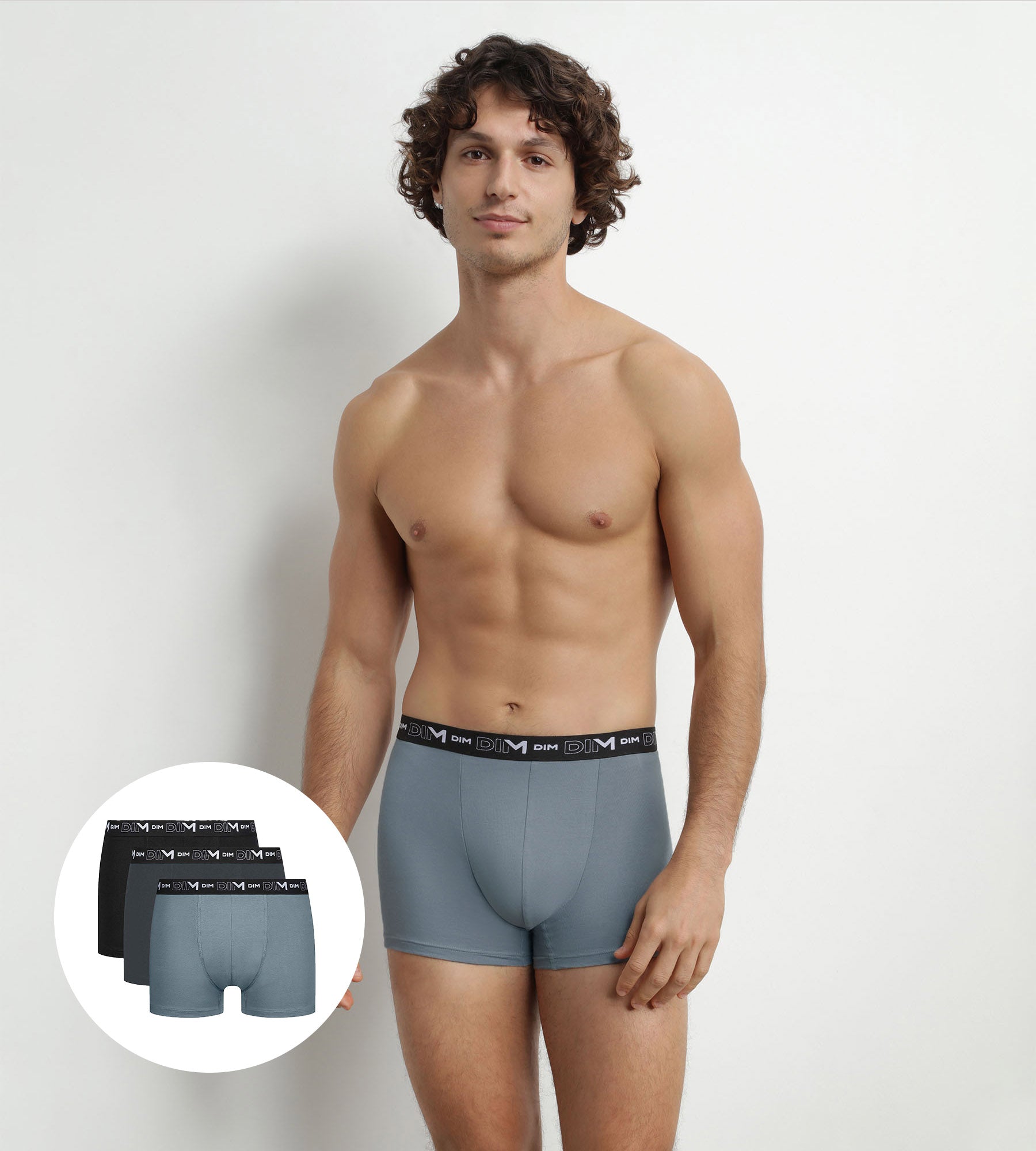DIM Pack of 3 Men's Boxers Black Grey Contrast Waistband Dim Cotton Stretch