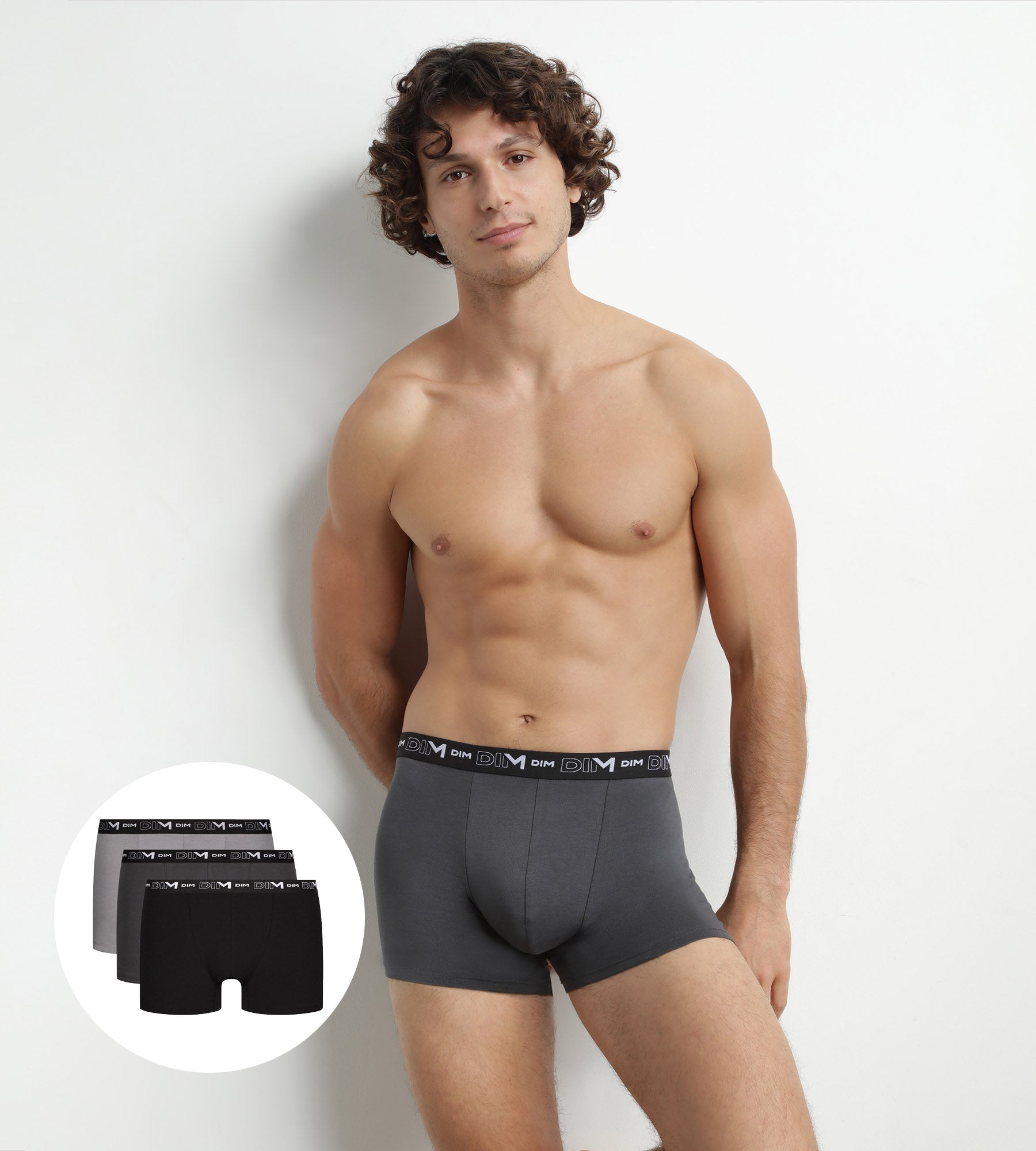 DIM Pack of 3 Men's Black Grey Cotton Stretch Boxers Dim