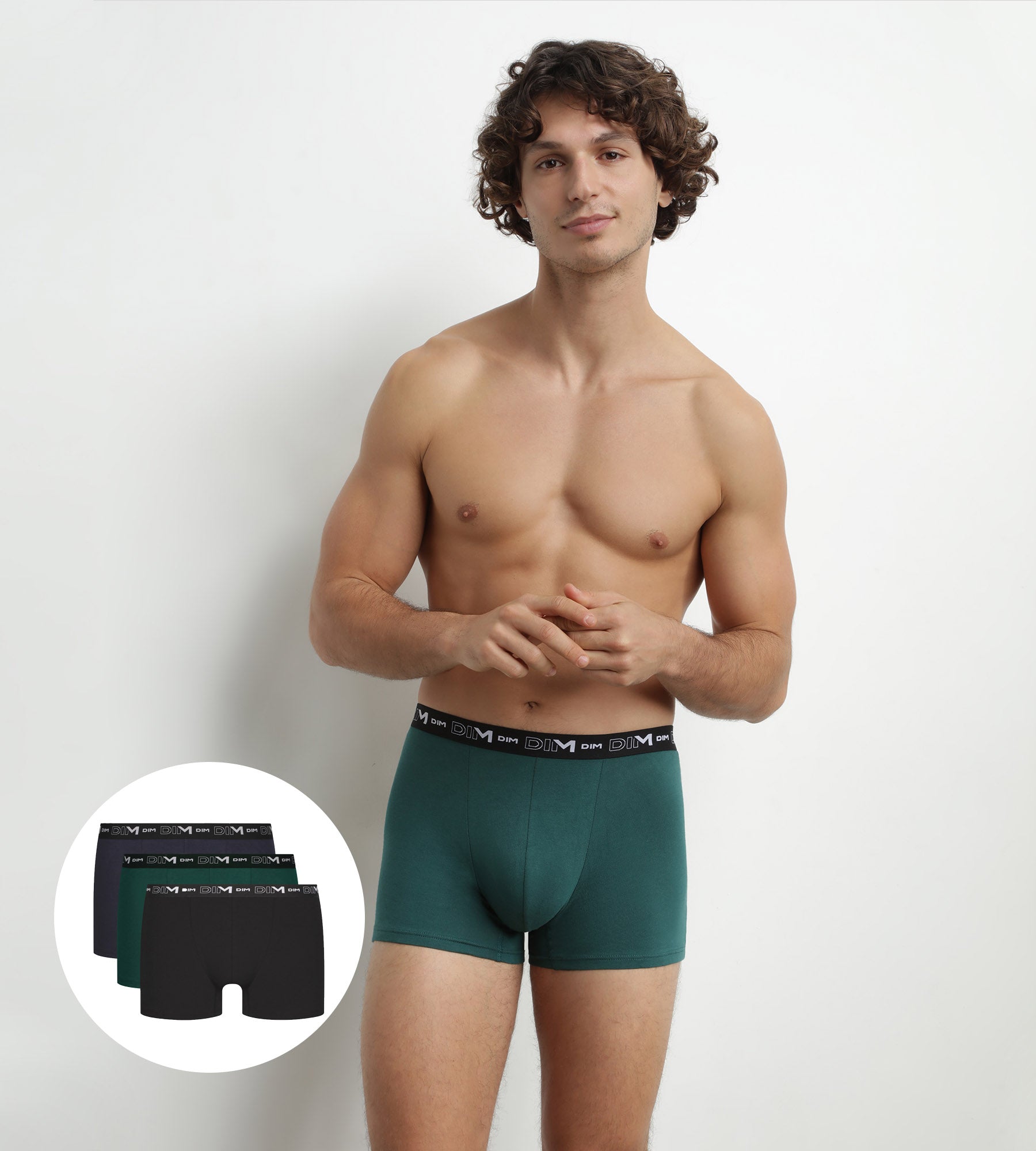 DIM Pack of 3 Men's Cotton Boxers Green Blue Dim Cotton Stretch