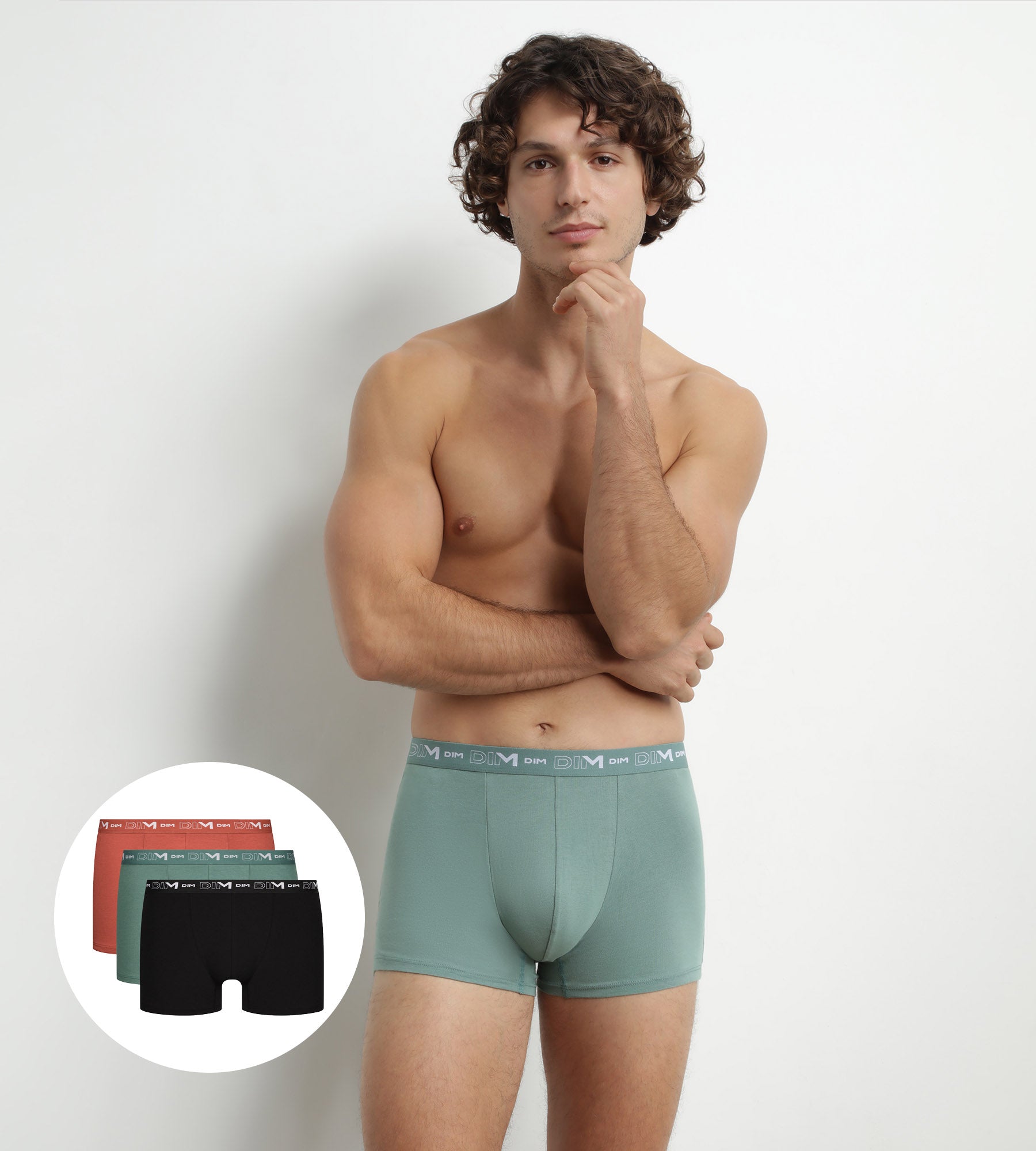 DIM Pack of 3 Men's Cotton Boxer Briefs Black Green Dim Cotton Stretch