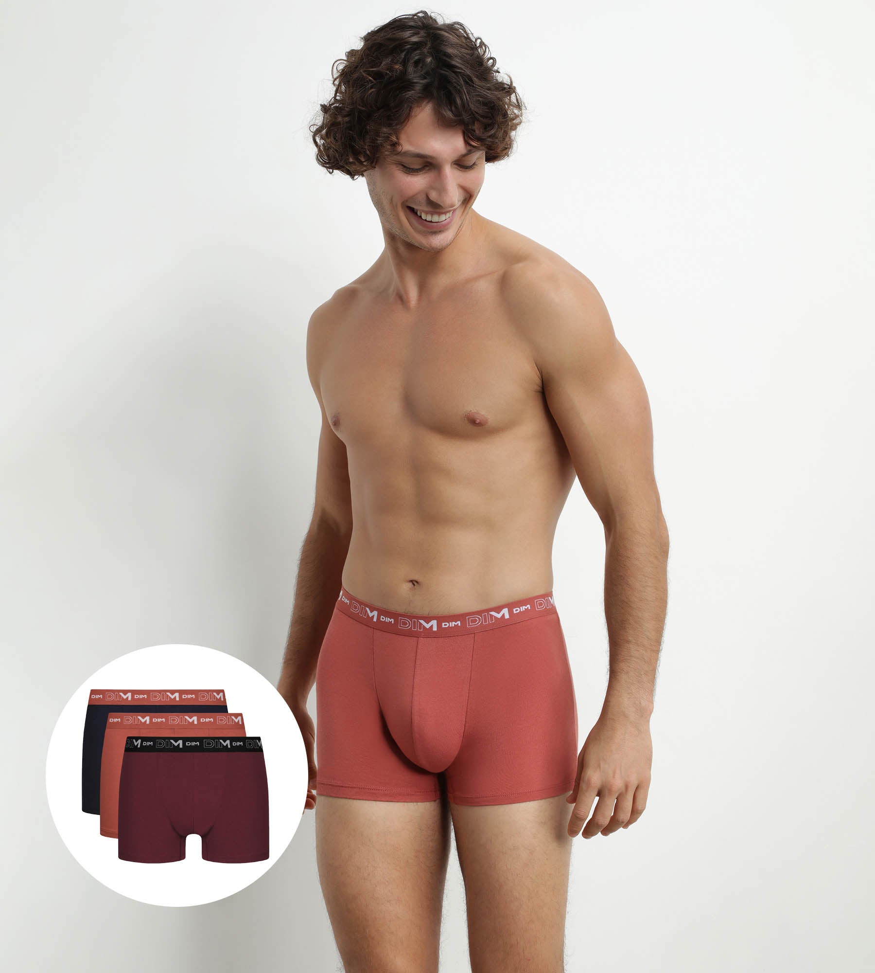 DIM Pack of 3 Men's Boxers Black Brown Terracotta Chiné Dim Cotton Stretch
