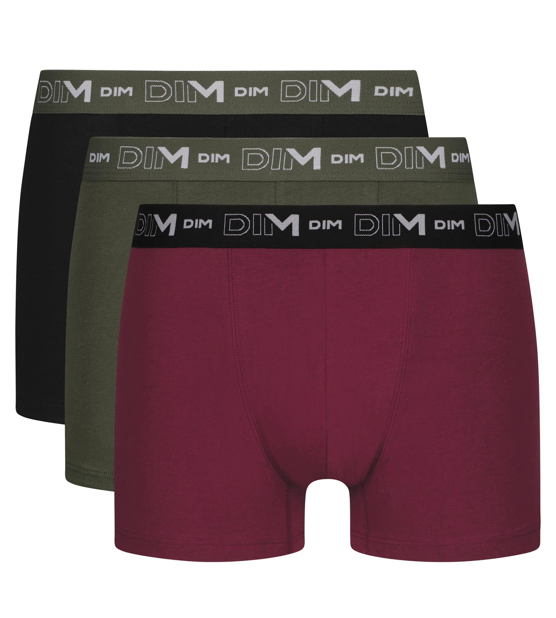 DIM Pack of 3 Men's Black Khaki Red Dim Cotton Stretch Boxers
