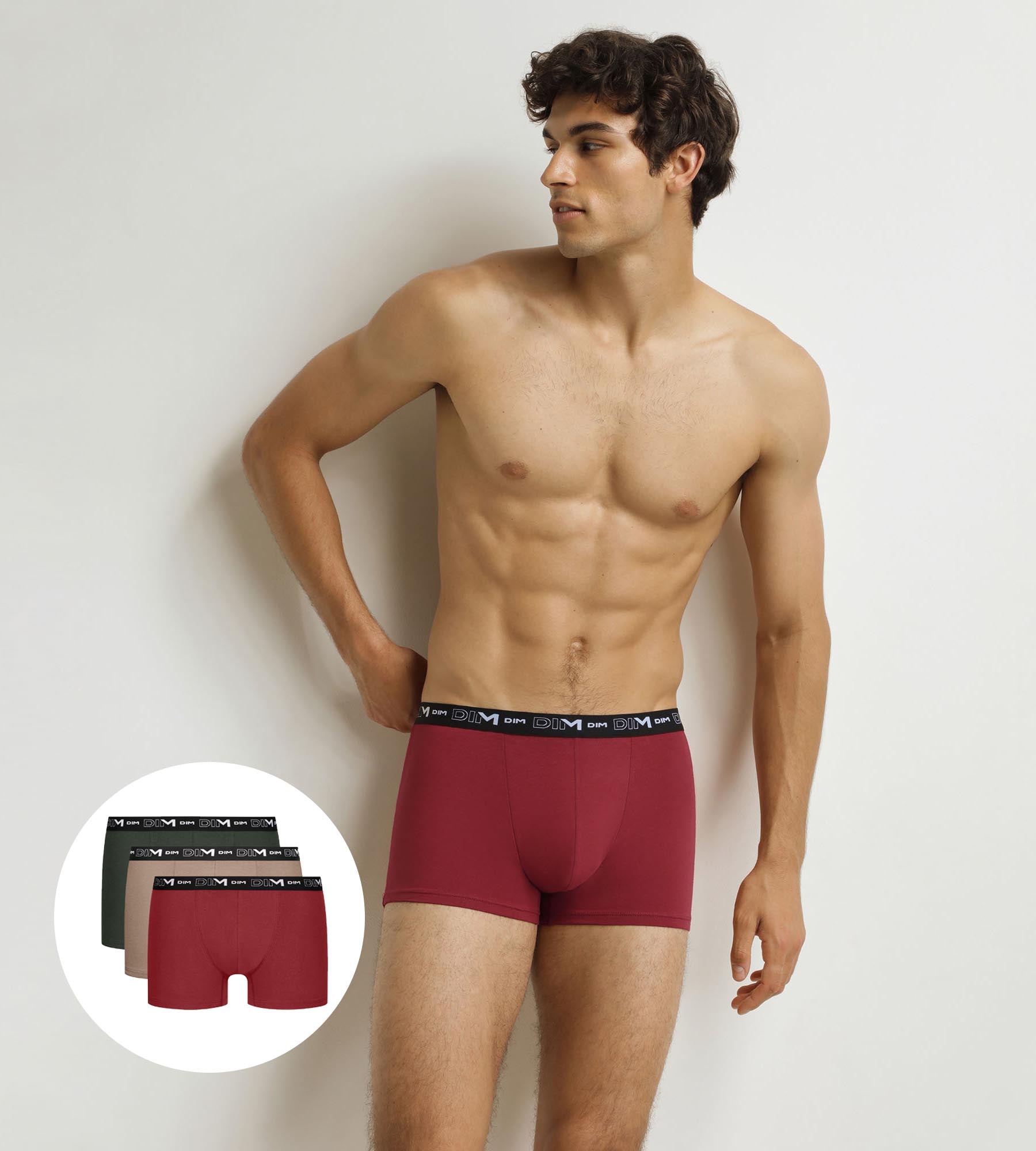 DIM Pack of 3 men's boxer shorts Green Beige Red Cotton Stretch