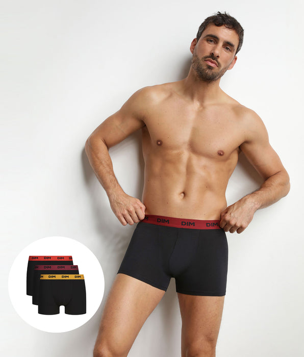 DIM Pack of 3 men's boxer shorts in black with coloured waistband Flamme Mix & Colors