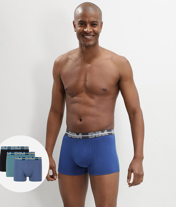 DIM Dim Powerful 3 pack stretch cotton trunks in blue and black with contrast waistband