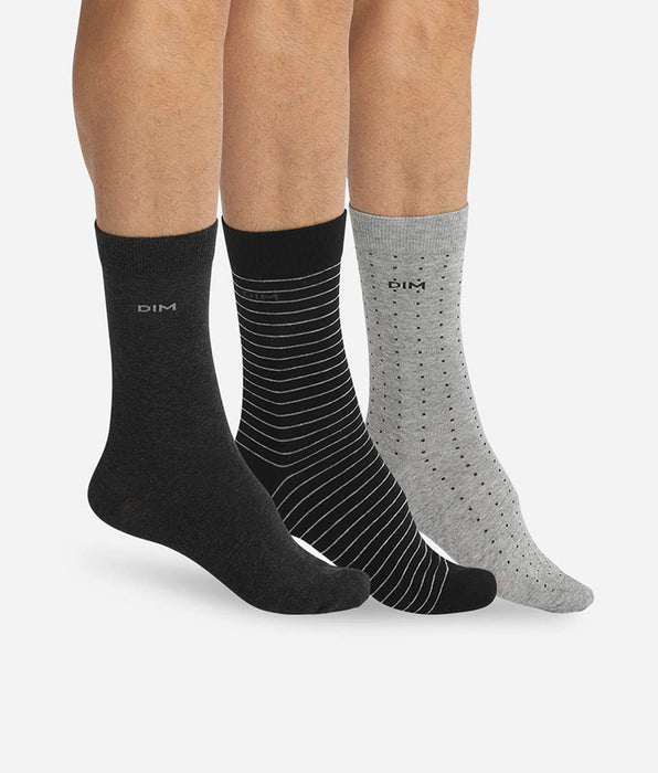 DIM Pack of 3 pairs of men’s black and charcoal dotty & striped socks