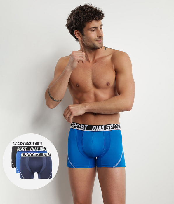 DIM Pack of 3 men's Blue Dim Sport thermo-regulating microfibre boxers