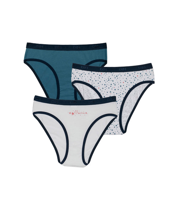 DIM Pack of 3 girls' White Blue Les Pockets stretch cotton knickers with a star pattern
