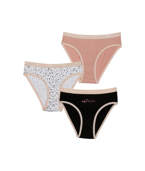DIM Pack of 3 girls' Pink Les Pockets stretch cotton knickers with a star pattern