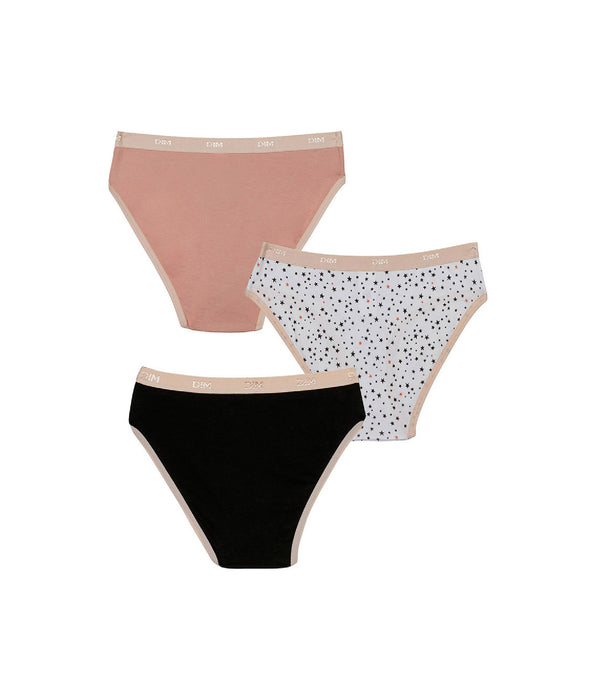 DIM Pack of 3 girls' Pink Les Pockets stretch cotton knickers with a star pattern