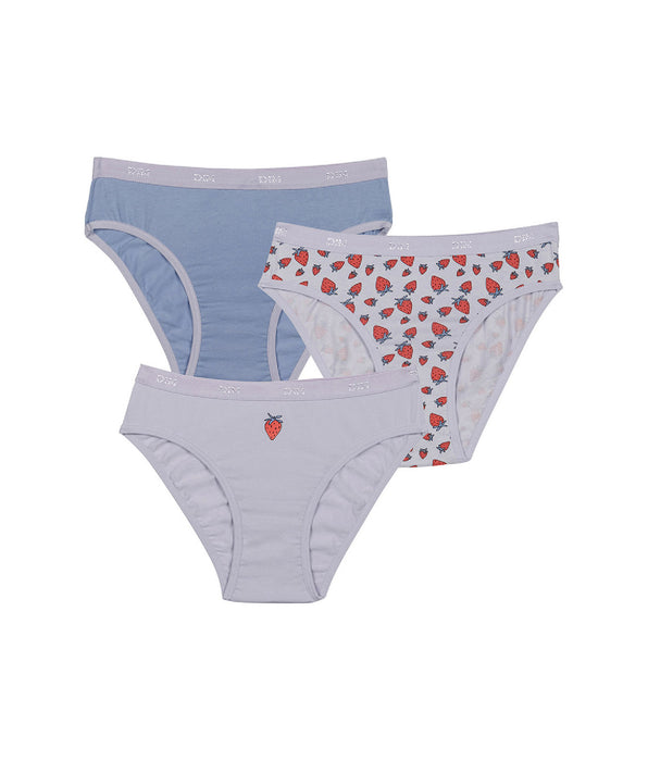 DIM Les Pockets Pack of 3 Lilac girl's knickers in stretch cotton with strawberry pattern