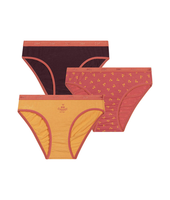 DIM Pack of 3 girls' knickers with cherry patterns in Chocolat Les Pockets